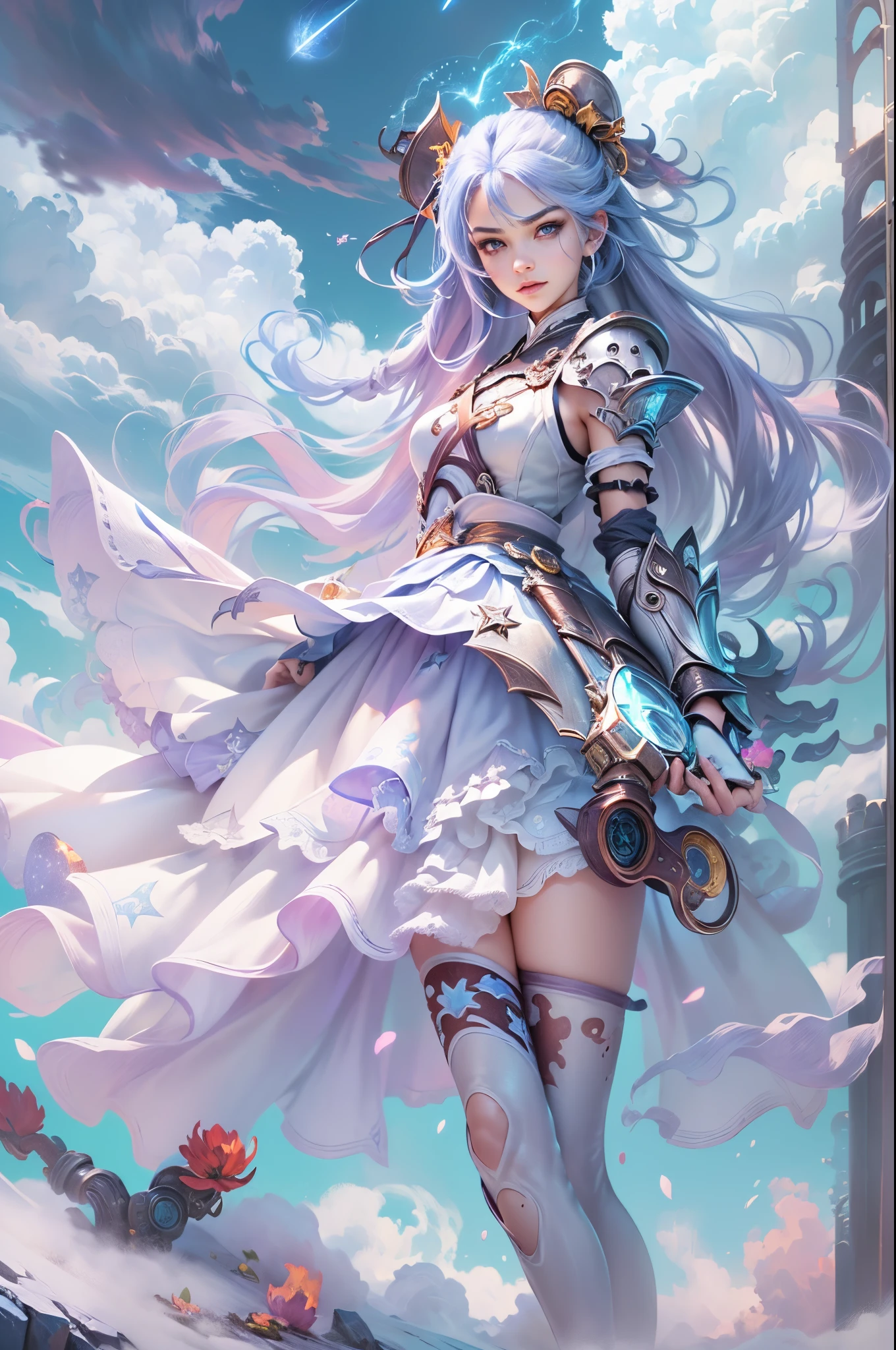 jinxlol, (full bodyesbian, Legs and shoes are visible: 1.2)), Expressive eyes, 1girl, pale-skinned, long whitr hair, The wind blows hair, ((Ridiculously long hair)), Long side lock, hime bangs, Hairline, hair-bun, ((Very long double ponytail, dark-blue hair,)), Be red in the face, His face was flushed, big shiny lavender eyes, (Gradient eyes), mouth open smile, Cute pose, ((With a revolver: 1.5)) , ((Lovely soft fashion)) , Flowing soft white dress, ((Fantasy white open dress)), (Floating ribbons), lavender ruffles, White frills, (Light blue lace), detached short sleeves, Puffy skirt, ((White star print skirt : 1.3)), ((White Lolita dress)), Purple bow, ((Pompom ribbon hair ornament : 1.4)), striped lace stockings, (Heart shaped leg garters), (White mechanical armor plastic shoes: 1.2), ((Super detailed clothing and fashion)) , ((looking at you)), League of legends game girl, Be red in the face, (美丽细致的眼睛), (extremely detaild的 CG unified 8k wallpapers), ((Extremely Delicately Beautiful)), (detailedlight), ((depth of fields)) big headed, sparkling big eyes, sprout, Splash ink art, 电影灯光, Frontal view, Volumetriclighting, Maxism, photoillustration, 8k, A high resolution, intricately details, complex critical vision, Precise linearity, ((Against the background of a dreamy soft sky, Surrounded by starry clouds, meteors, castle in the clouds)), ((Ultra detailed scenery, Fog clouds, inner strength : 1.3)), jinx \(league of legends\), ((The picture is very bright,bright,high saturated))