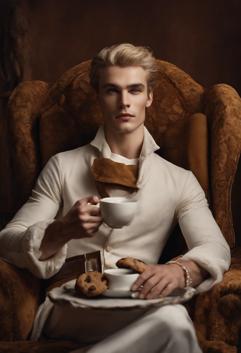 The image is of Ominis Gaunt sitting in a cozy armchair, holding a freshly baked chocolate chip cookie and a steaming cup of tea.,original,Ominis is of average height and quite thin. His skin is very pale but he has a beauty marks. His hair is blonde and swept back. He is blind and his eyes are milky from his blindness.