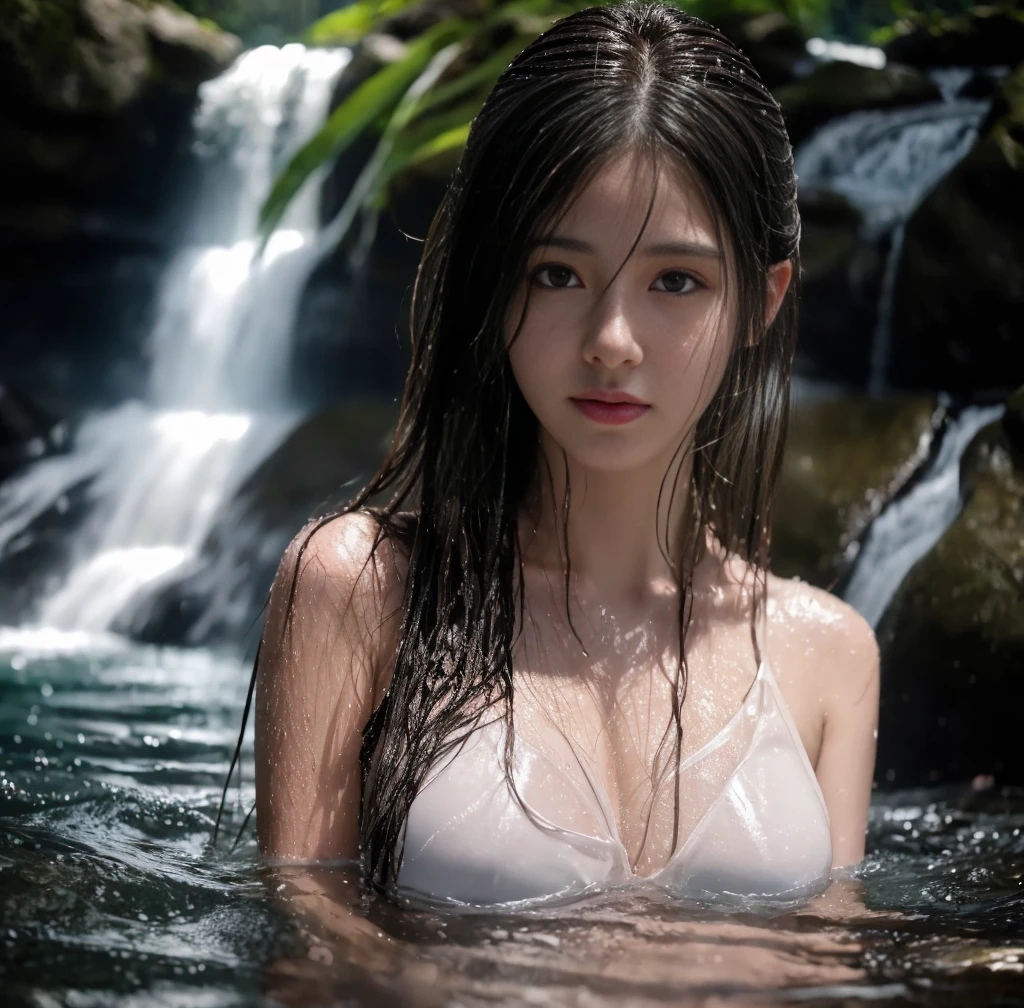 High-detail RAW color photos professional close-up photos, [:( Highly detailed face: 1.2): 0.1], (Pure love face_v1: 0.8), double tails, A half body, pores, realskin, breasts focus, straight on, An 18-year-old woman under the waterfall, body contact with water，ripples around, Clear clean water, shinning eyes, looking at viewert, wetclothes,, Get wet, Wet hair, dingdall effect, lens flare glow, shadowing,, full bloom, natural  lightting, hardfocus, filmgrain, Shot with a Sony a9 II mirrorless camera,