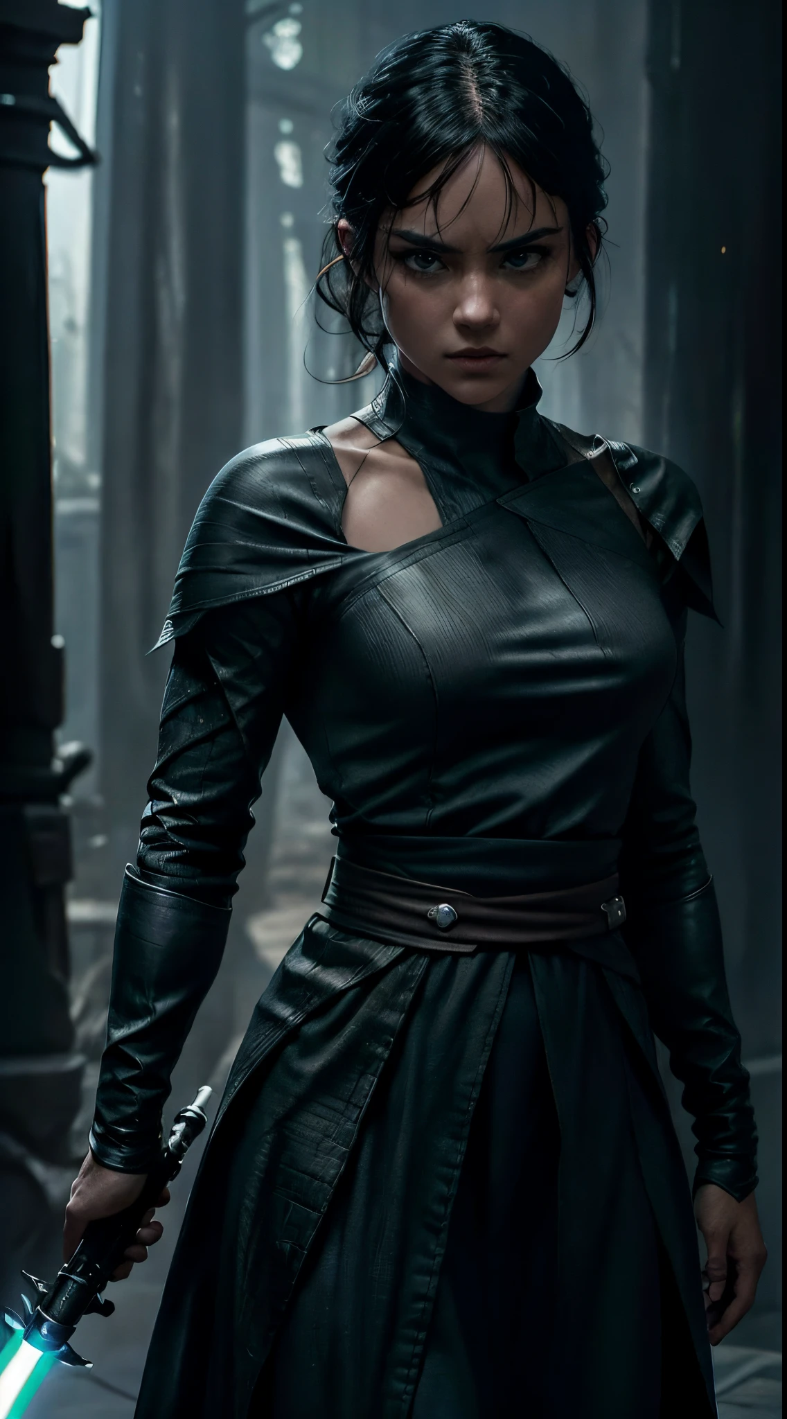 A detailed photograph of a serious looking jedi with lightsaber, front looking and directly at the camera, standing straight, dynamic pose, square jaws, female face, buff looking, wearing a beautiful dress, detailed clothing texture, realistic sking texture, shine background, sharp focus, front view, wrinkle, waist up shot, hight contrast, strong backlighting, action film dark color lut, cinematic luts