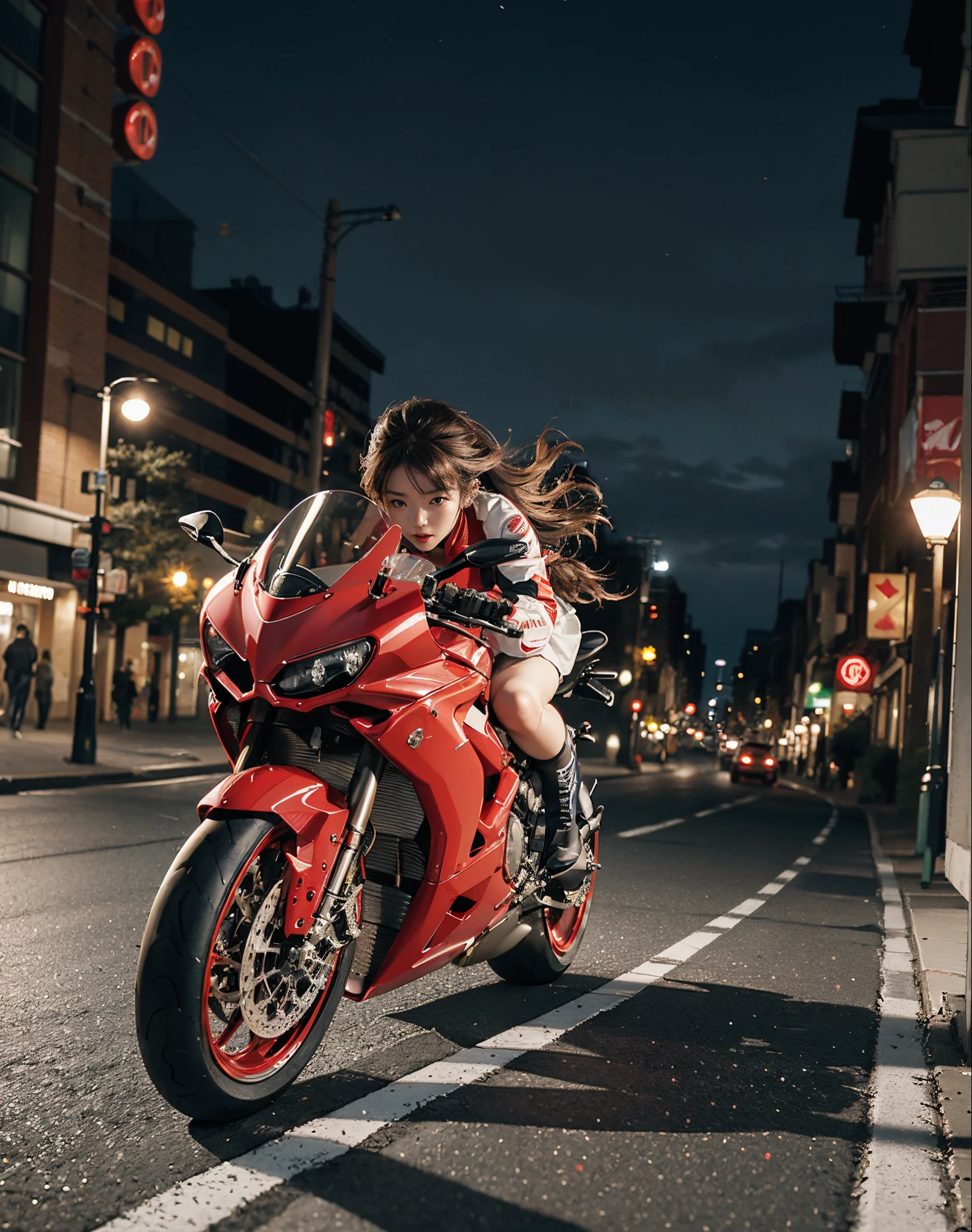 hight resolution、high-level image quality、in 8K、Real live-action、Raw photography、top-quality、masterpiece、masutepiece、(Soft Saturation:1)、(depth of fields:1.2)、(Ray traching:1.2)、Shot from diagonally below、(mid night:1.3)、optic、The background is a sci-fi future city at night.........、Light traces、Flowing light、heavy wind、Big red motorcycle speeding through the city at night、Young woman in a red dress sitting on a big red motorcycle on a blurred background, Beautiful face、kawaii faces、(Red Skin Jacket:1.2)、(Red short skirt:1.3)、white knee highs、(Red boots:1.2、Draw the toes:1.2)、perfect hand、perfect foot、perfect ankles、Perfect toes、Perfect toes、Perfect Heel:1.3、((Grasp the controller with both hands:1.2))、Slouched、put one'Upper body, Lower body:1.2、Sitting on the Ducati Panigale V4,Riding the Ducati Panigale V4, Sci-fi style bikes, Sci-fi style bikes, Ducati Panigale V4 Motorcycle Rider, How to ride the Ducati Panigale V4, (Draw left and right rearview mirrors:1.3)、headlights shine blue、picture of a female biker, motorbike,Motorcycle displacement: Ducati Panigale V4 Details、motion-blur、raise white smoke、