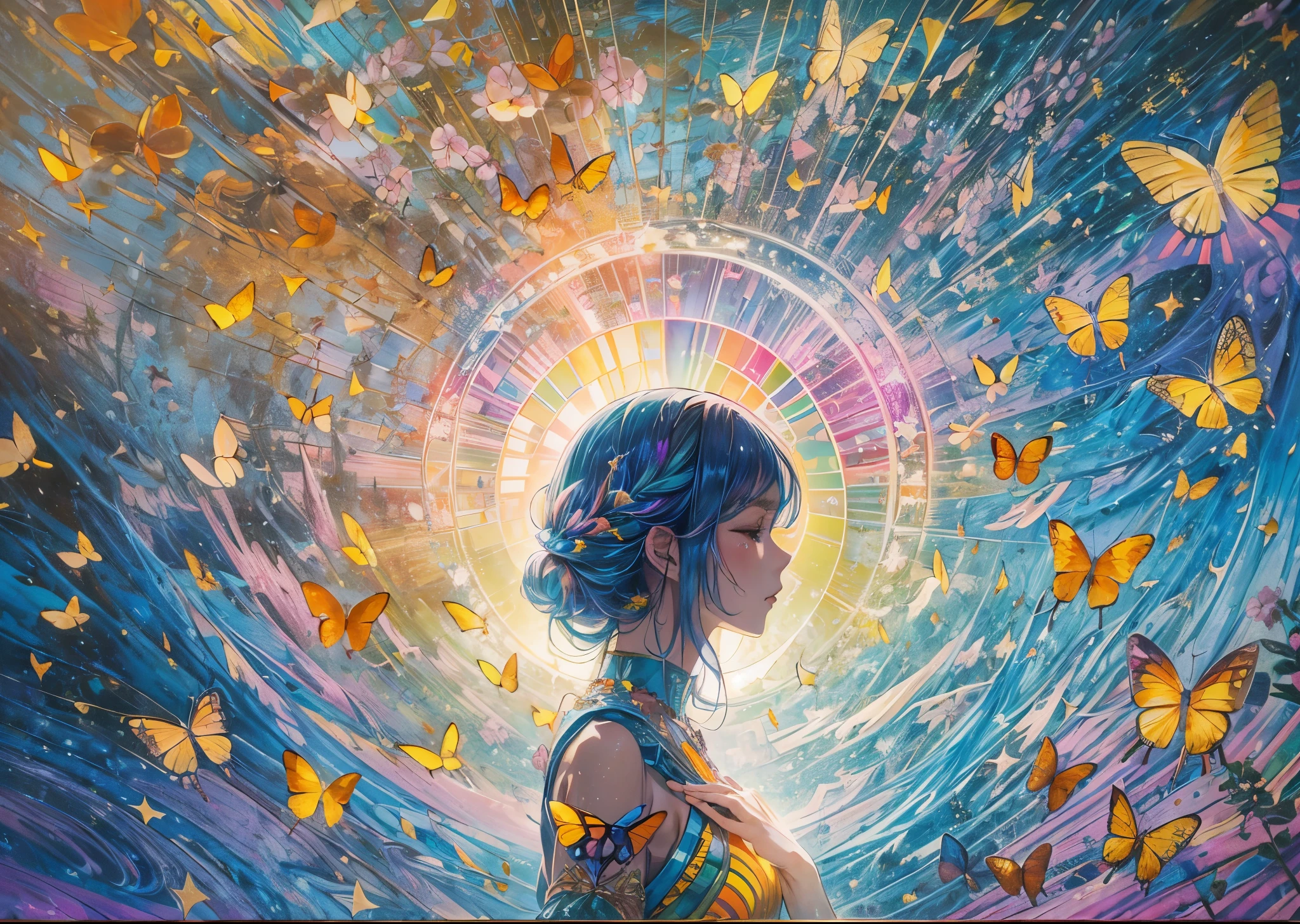 top-quality、masutepiece、1womanl、独奏、(abstract  art:1.6),(Psychedelia Theme:1.6),(Blue World)、beautiful woman at the center of the world、(A woman gently embraces a shining star with both hands:1.4),light spreads,Prism spreading from the center(Nostalgic atmosphere),Cool morning clouds are calm and peaceful,The tree々Gentle sunlight illuminates the space.,Like multicolored glass,Soft breeze,Delicate flowers,Butterflies flutter by,Mesmerizing natural beauty,Fragments of Shining Stars,