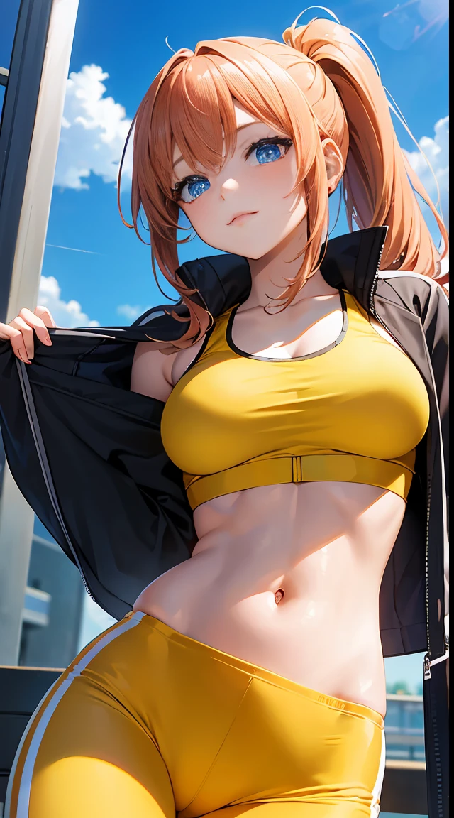 , 1girl, anime style, skinny body, Anime girl wearing sport bra with cover up jacket, leggings, light golden long ponytail hair, blue eyes colour, pose picture of her cute pose, straight on inside the gym, anime art wallpaper, detailed, 8k, high quality