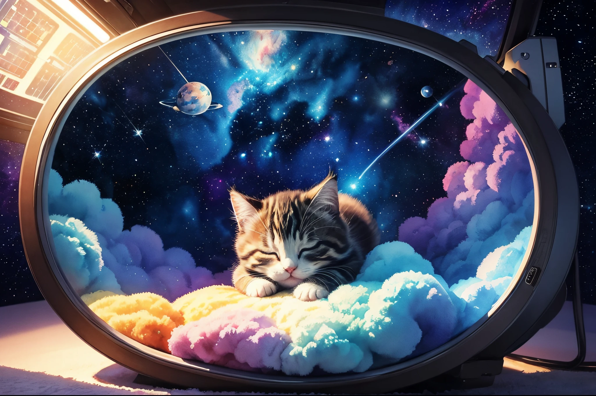 (hightquality、in 8K、Ultra HD)、1 cute kitten、Pattern and color are random、sleeping happily in a spaceship、In outer space、Looks good、kawaii、intricate and detailed watercolor painting、Digital Painting、Fantasia