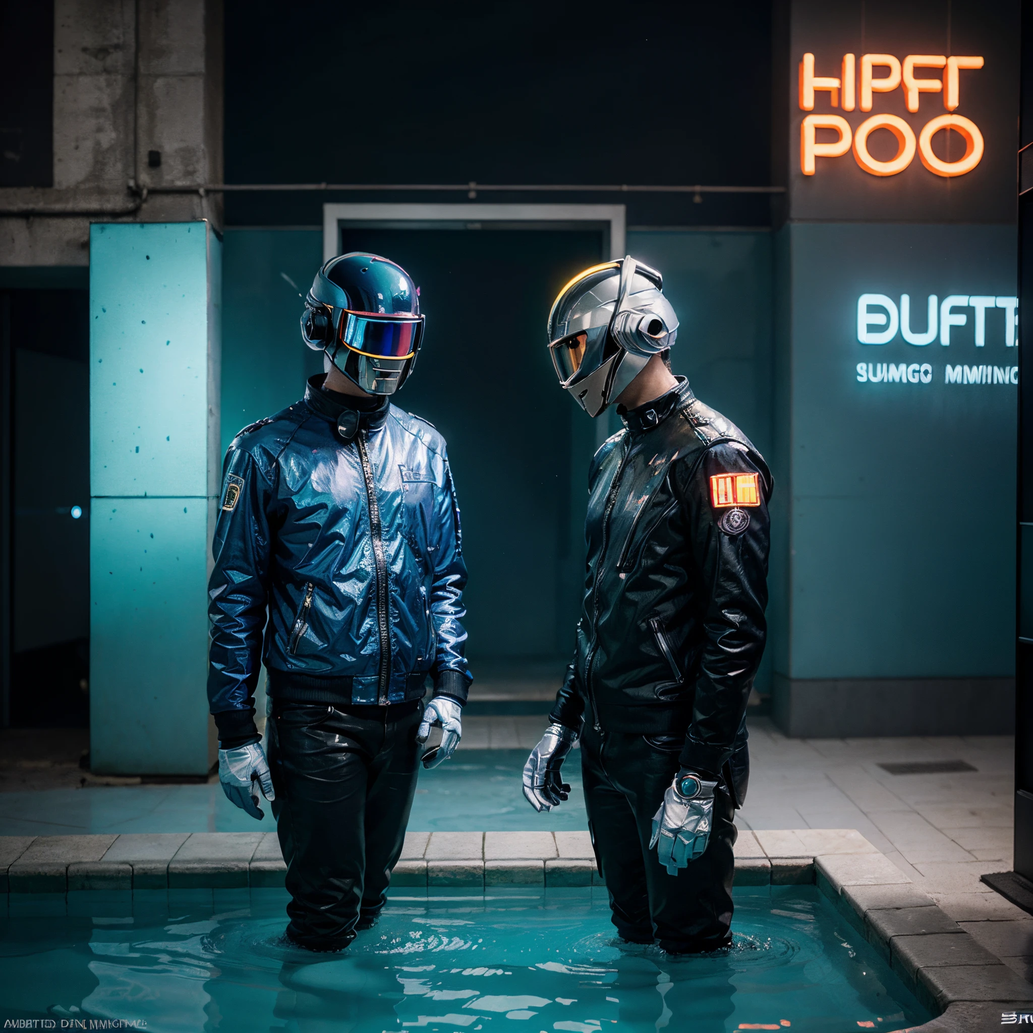 Iridiscent ice blue themed painting of Daft Punk. Background is a liminal swimming pool. Hyper realistic, 8K, Masterpiece, Painting, realistic, Neon lights in background. 3D render. Cinematic look and feel. Movie poster look. Dramatic lighting.