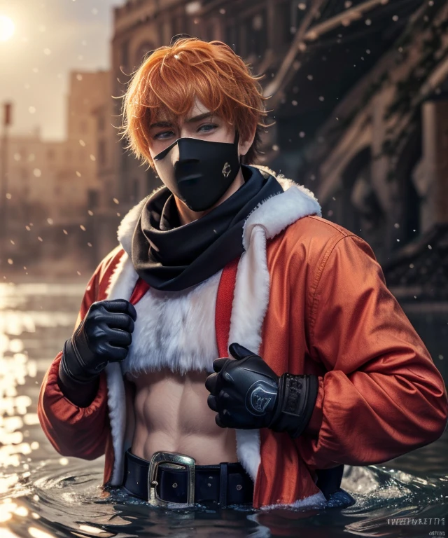 Masterpiece, Best Quality, Tartaglia (Genshin Impact), gloves, mask, male focus, 1boy, blue eyes, black gloves, 独奏, orange hair, Bangs, water, jacket, Hair between the eyes, Jewelry, a scarf, santa claus hat