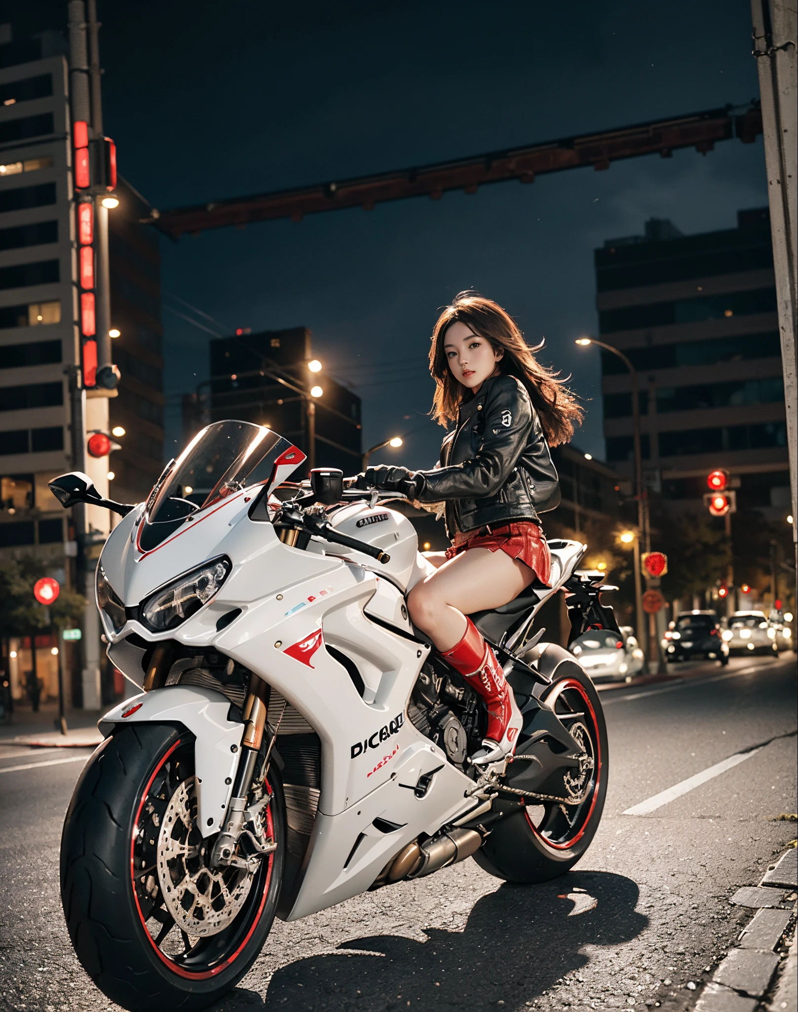 hight resolution、high-level image quality、in 8K、Real live-action、Raw photography、top-quality、masterpiece、masutepiece、(Soft Saturation:1)、(depth of fields:1.2)、(Ray traching:1.2)、Shot from diagonally below、(mid night:1.3)、optic、The background is a sci-fi future city at night.........、Light traces、Flowing light、heavy wind、Big red motorcycle speeding through the city at night、Young woman in a red dress sitting on a big red motorcycle on a blurred background, Beautiful face、kawaii faces、(Red Skin Jacket:1.2)、(Red short skirt:1.3)、white knee highs、(Red boots:1.2、Draw the toes:1.2)、perfect hand、perfect foot、perfect ankles、Perfect toes、Perfect toes、Perfect Heel:1.3、((Grasp the controller with both hands:1.2))、Slouched、put one'Upper body, Lower body:1.2、Sitting on the Ducati Panigale V4,Riding the Ducati Panigale V4, Sci-fi style bikes, Sci-fi style bikes, Ducati Panigale V4 Motorcycle Rider, How to ride the Ducati Panigale V4, (Draw left and right rearview mirrors:1.3)、headlights shine blue、picture of a female biker, motorbike,Motorcycle displacement: Ducati Panigale V4 Details、motion-blur、raise white smoke、