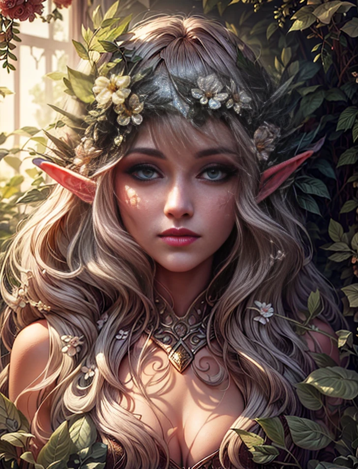 detailed face, detailed skin, detailed environment, intricate details, photorealistic, realistic, UHD, 8K, a girl with long hair and flowers in her hair, elf girl wearing an flower suit, elf girl, portrait of very beautiful elf