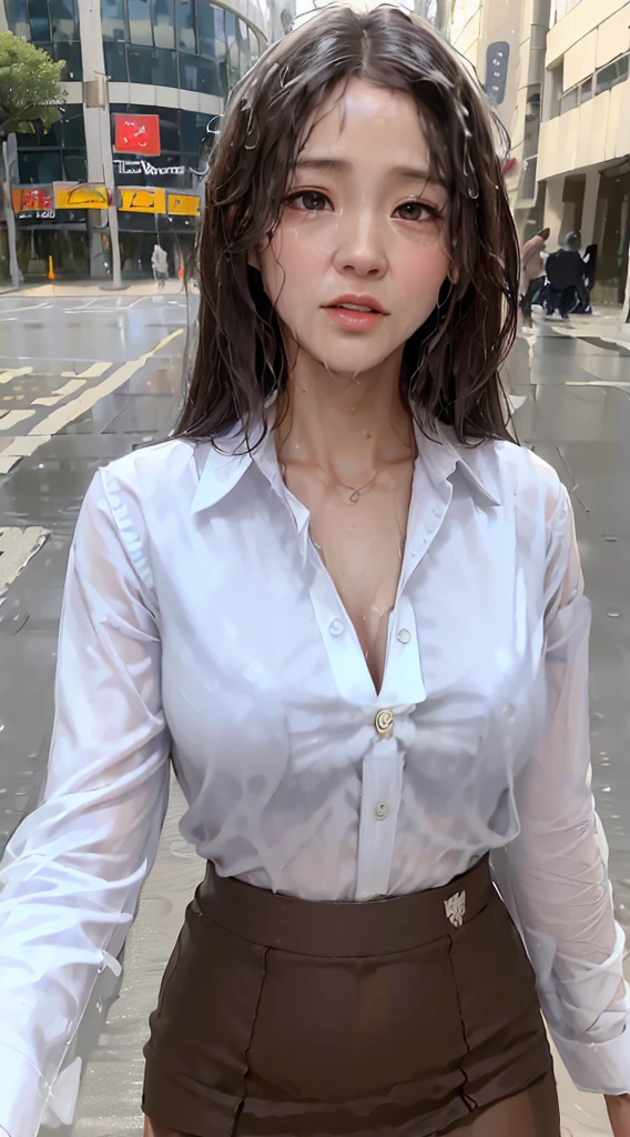 (hyper realisitic), (Illustration), (High resolution), (8K), (Extremely detailed), (Best Illustration), (Beautiful detailed eyes), (Best Quality), (Ultra-detailed), (masutepiece), (Wallpaper), (Detailed face), Solo 1 Girl, White wavy hair, Korean, (Wet clothes: 1.9) , (Rain, center city street:1.9), Super fine face, Fine eyes, Double eyelids, ((Long wavy hair)), (White button up long shirt, No bra, Exposed cleavage :1.1), (mini black short skirt),Heterochromic eyes, Small moles under the eyes, Loose white shirt, yoga pant, Big breasts, Long legs, Tight abs, Camel toes, Dynamic Pose