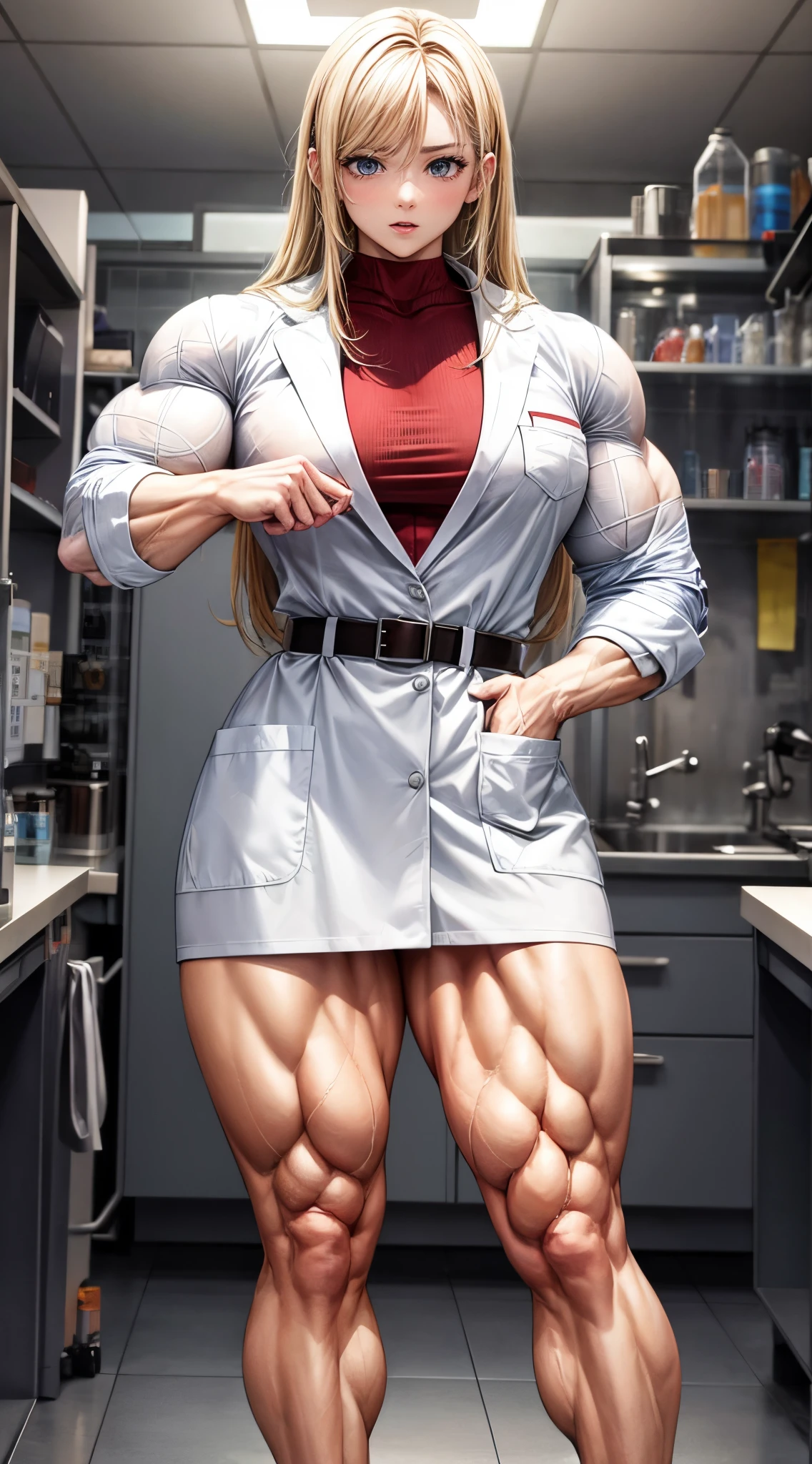 ,beautiful girl,standing,best quality,masterpiece,muscular thighs,muscular legs,,lab coat,laboratory