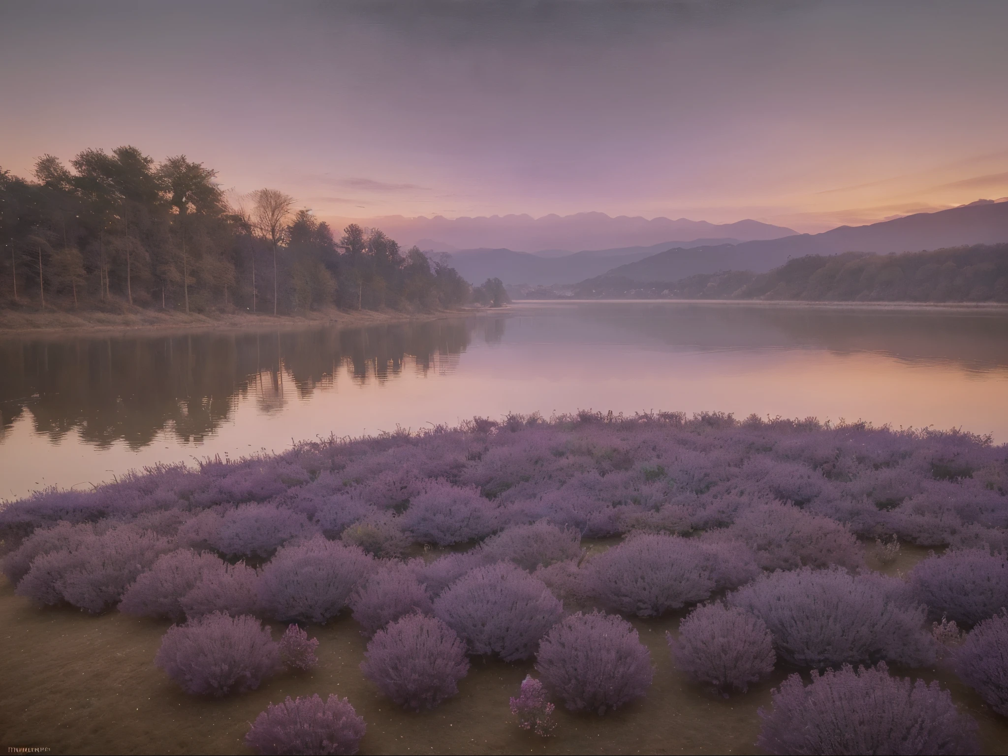 In a mesmerizing display of mauve hues, this vivid composition captivates viewers with its striking portrayal of a serene landscape at sunset. The rich tones of mauve seamlessly blend with hints of lilac and lavender, evoking a sense of tranquility and calmness. The image, a beautifully rendered oil painting, showcases the meticulous brushwork and attention to detail that bring the scene to life. Each brushstroke expertly captures the ephemeral beauty of the moment, as the last remnants of daylight cast a warm, gentle glow upon the peaceful surroundings. This exquisite work of art transports viewers to a world where time stands still, enveloping them in a moment of sheer beauty.