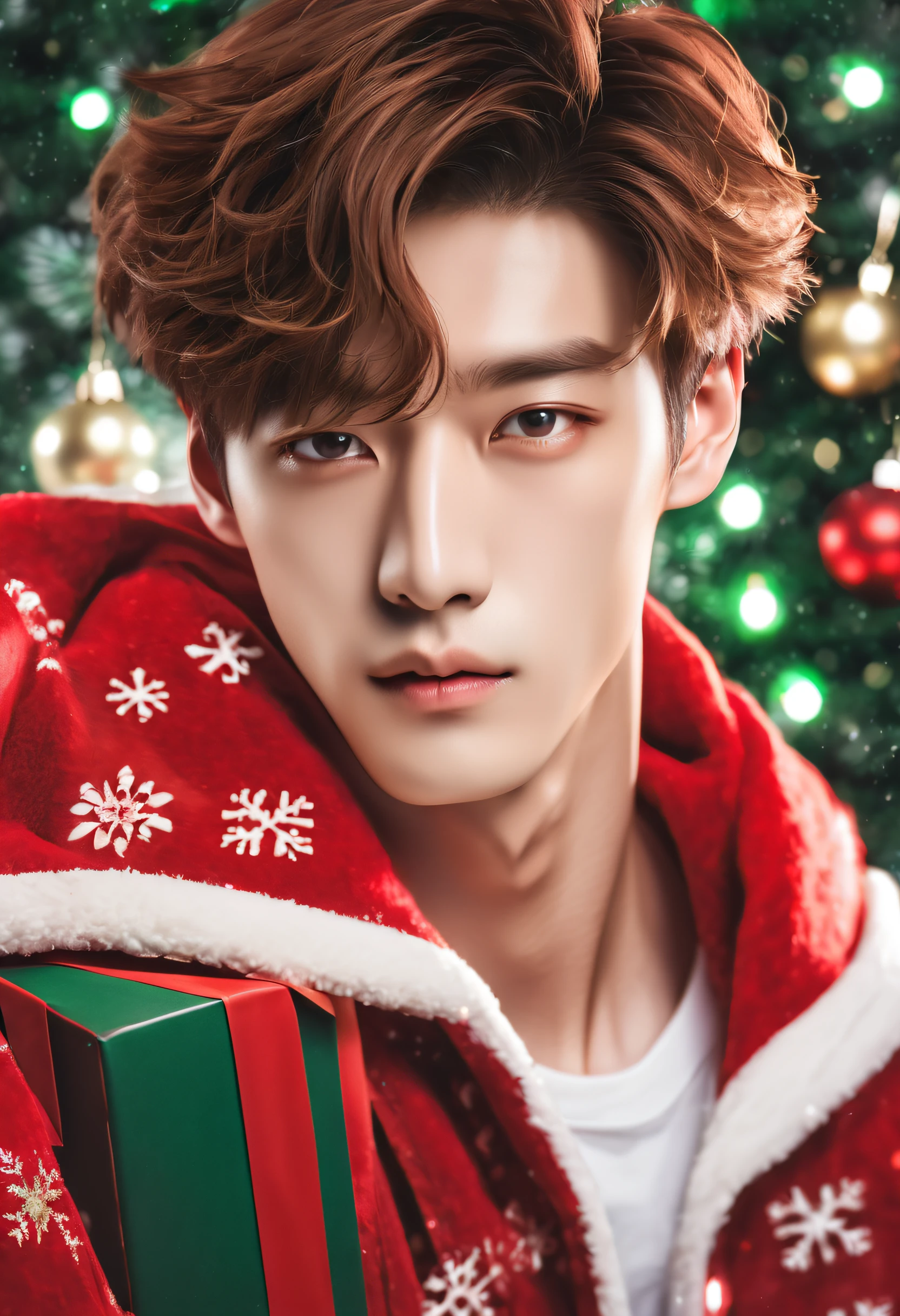 Man in his 20s, upper body, Christmas date, Korean idol, masculine beauty, front face, photo graphics