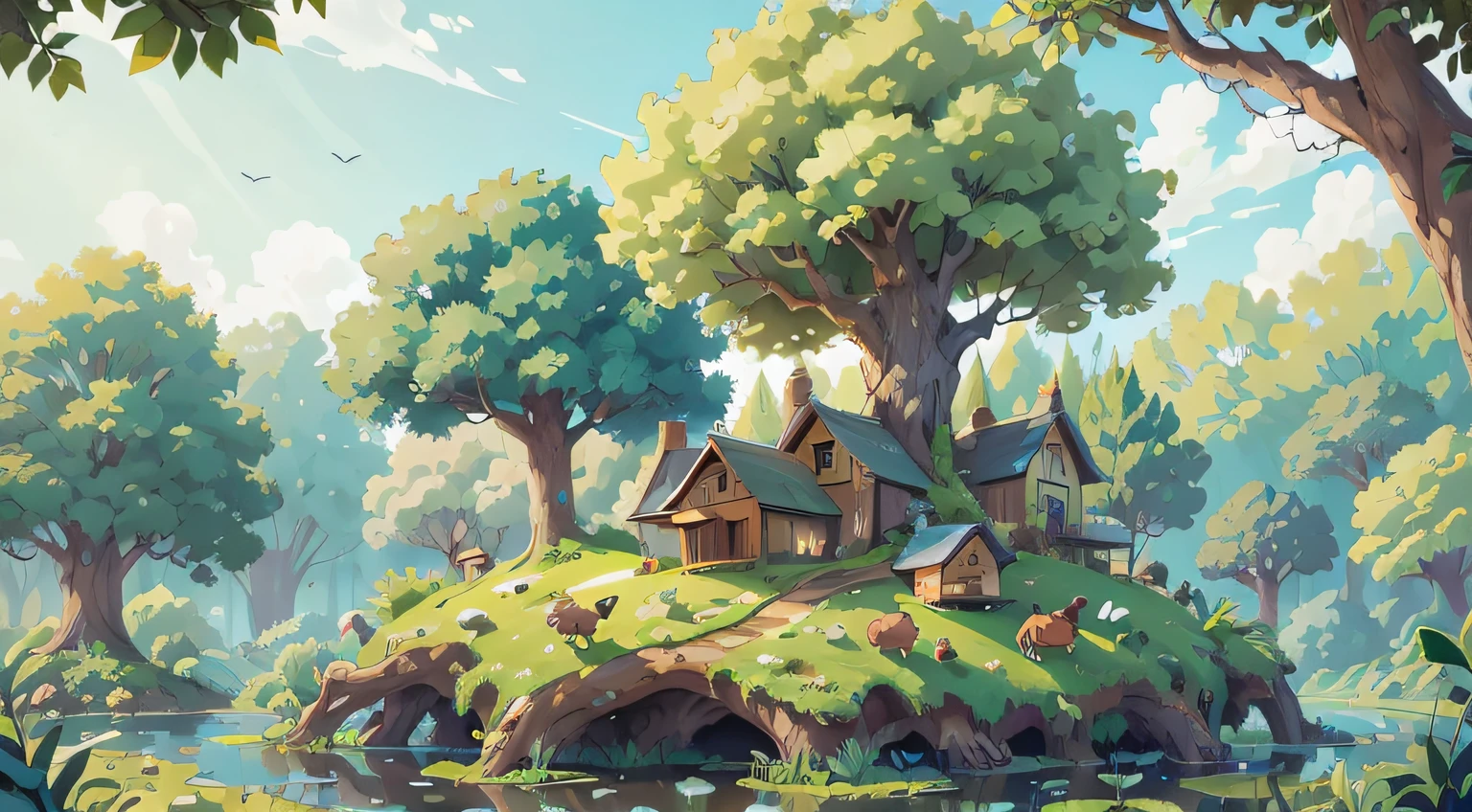 Draw a large tree on the pond,There is a nest next to the big tree,Big hornet's nest hanging on the tree, There is a nest in the river, , clean linework, Background of blue sky and white clouds ,KIDS ILLUSTRATION