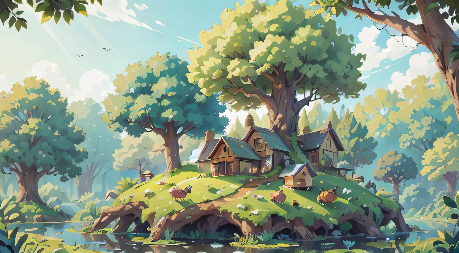 Draw a large tree on the pond,There is a nest next to the big tree,Big hornet's nest hanging on the tree, There is a nest in the river, , clean linework, Background of blue sky and white clouds ,KIDS ILLUSTRATION