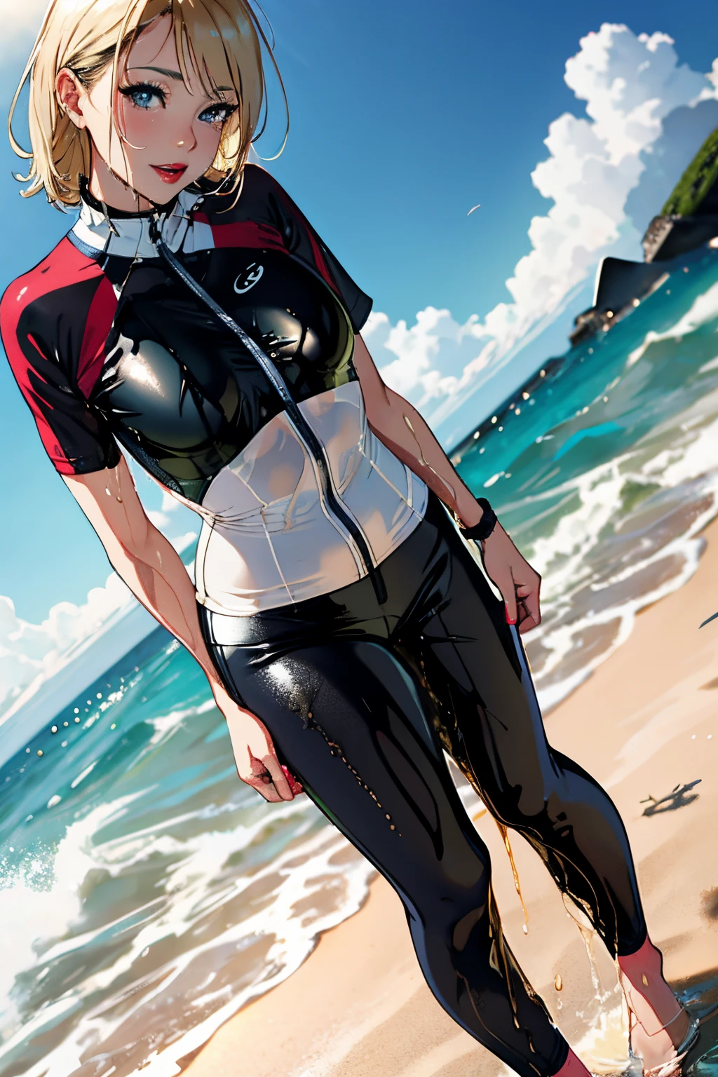 highres, beautiful women, tanned gyaru, blonde hair, high detail, lewd, hentai, ((shiny wet spandex short-sleeved cycling suit)), ((wet clothes)), ((soaking wet)), ((wetlook)), bare thighs, nice legs, ((wetting herself)), (peeing herself), peeing stain, large puddle, thick thighs, nice long legs, lipstick, detailed face, pretty face, seductive face, aroused, sexually excited, full body shot, ((in the ocean at public beach))