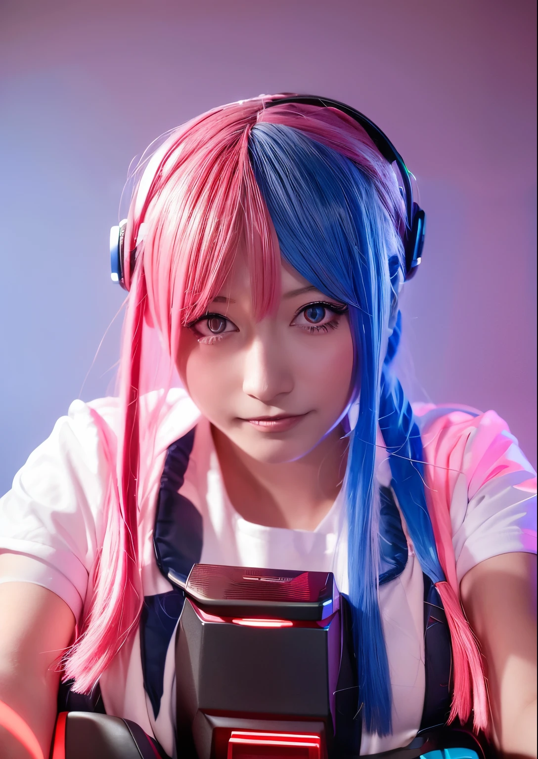best quality, ultra high res, (photorealistic:1.4), (pink and blue neon light), beautiful face, natural makeup, (PureErosFace_V1:0.8), | 1 woman, casual cloth, skirt, intricate design, headphone, blue hair, twin tail hair, | sitting on gaming chair, gaming room background, streamer, gamer, gaming pc, (smile)