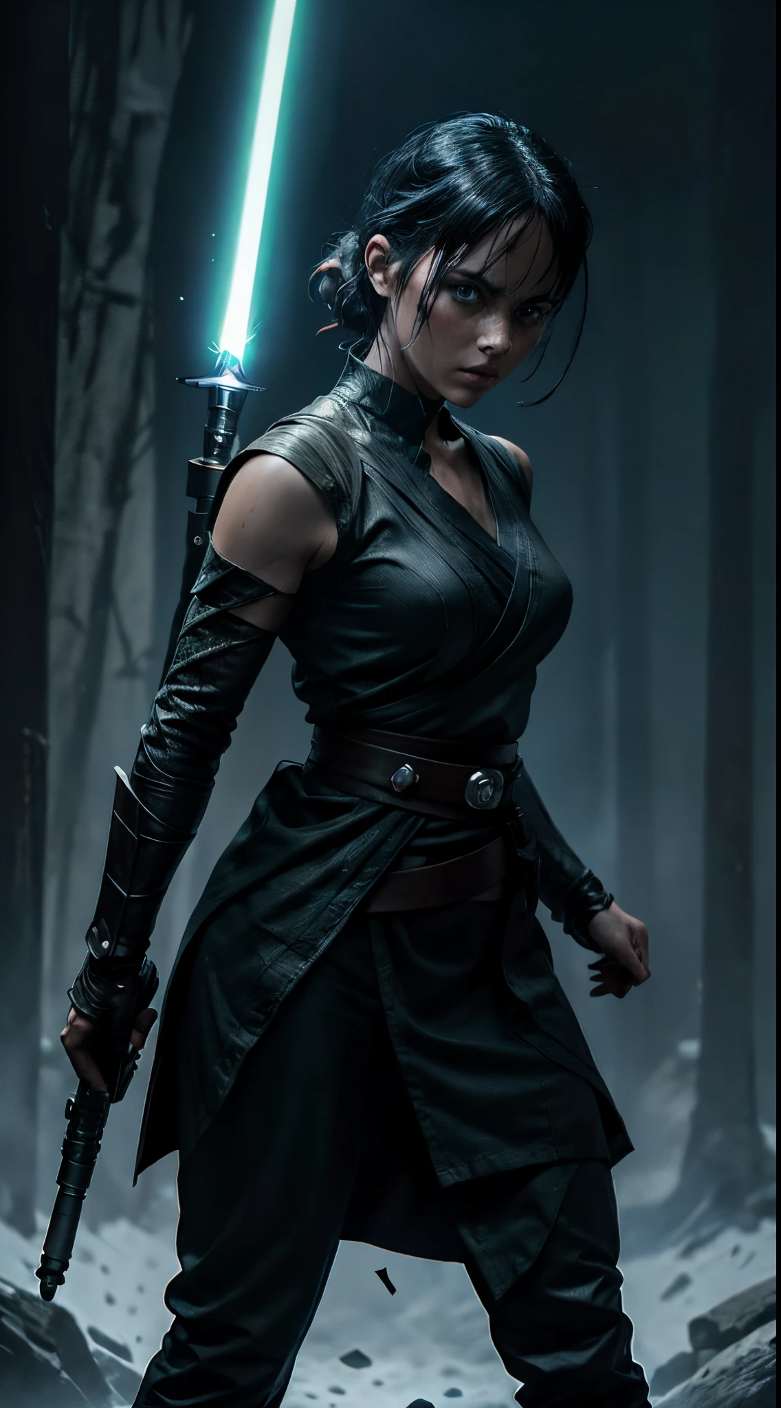 A detailed photograph of a serious looking jedi with lightsaber, front looking and  directly at the camera, standing straight, dynamic pose, battle stance, square jaws, female face, buff looking, wearing a beautiful dress, detailed clothing texture, realistic skin texture, shine  background, sharp focus, front view, wrinkle, waist up shot, hight contrast, strong backlighting, action film dark color lut, cinematic luts