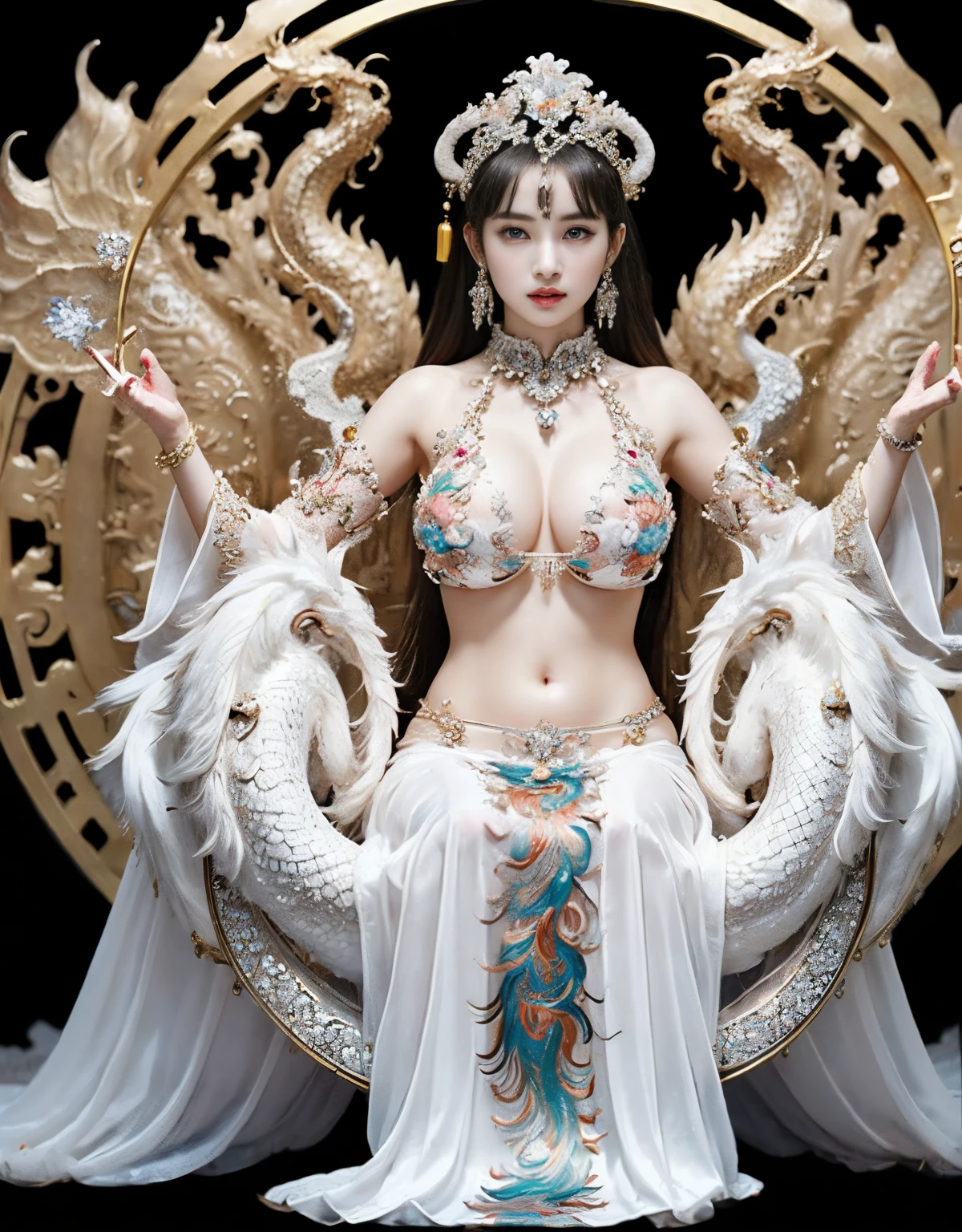 (heavy breasts)、top-quality、​masterpiece、超A high resolution、（Silver Dragon Armor）、(((Colossal tits))),dragon armor、(((large floral ornament on the head))),(((Detailed Micro Bikini))),(Wearing a beautiful crown made of jewels),(Photorealsitic:1.4)、Raw photo、女の子1人、(((Random hair))、(((Take different poses)))、glowy skin、(((White Chinese Dragon)))、Intricate and ornate hair ornaments、（Gorgeous Jewelry Necklaces）、（Mystical expression）、（Full Body Angle）、（Fight big dragons）、（Metal bikini）、((beautiful lake background)),(beautiful forest background)、Precipitous cliffs、(Castle background)、((super realistic details))、portlate、globalillumination、（sexypose）、Shadow、octan render、8K、ultrasharp、Colossal tits、Raw skin is exposed in cleavage、metals、Details of complex ornaments、Japan details、highly intricate detail、Blue eyes、radiant eyes、Facing the camera、Toostock、（Full Body Angle）、（veils）、(((Heavy Big))),((she is wearing a beautiful jeweled bangle.)),