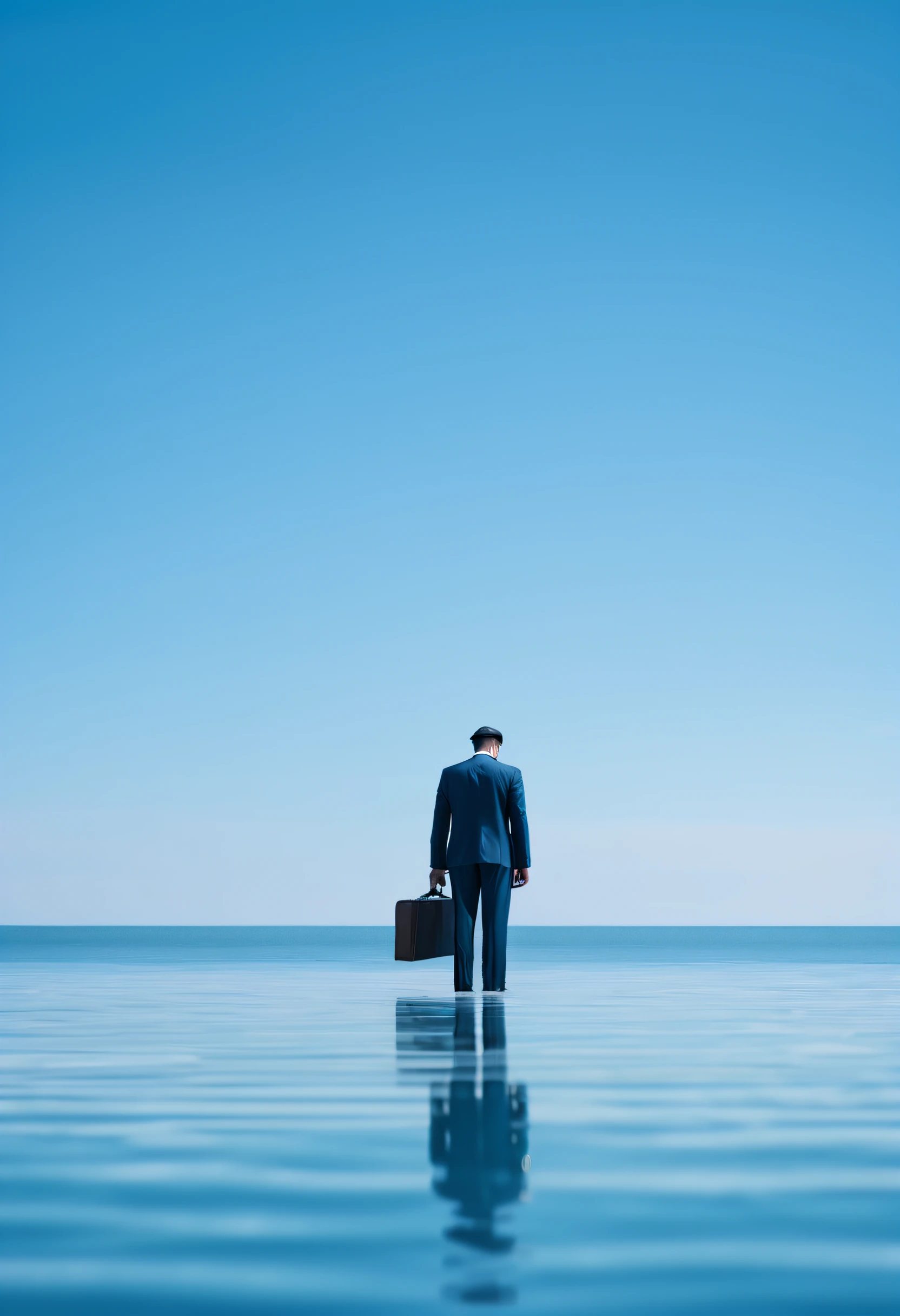 a sad business man in a not perfectly fitting suit and a briefcase in his hand stands hunched and depressed on a single ice floe in the middle of a vast sea, it is a bright blue sky and the scenery seems unreal and surreal but still real, photography, 24mm, leica, anamorphic