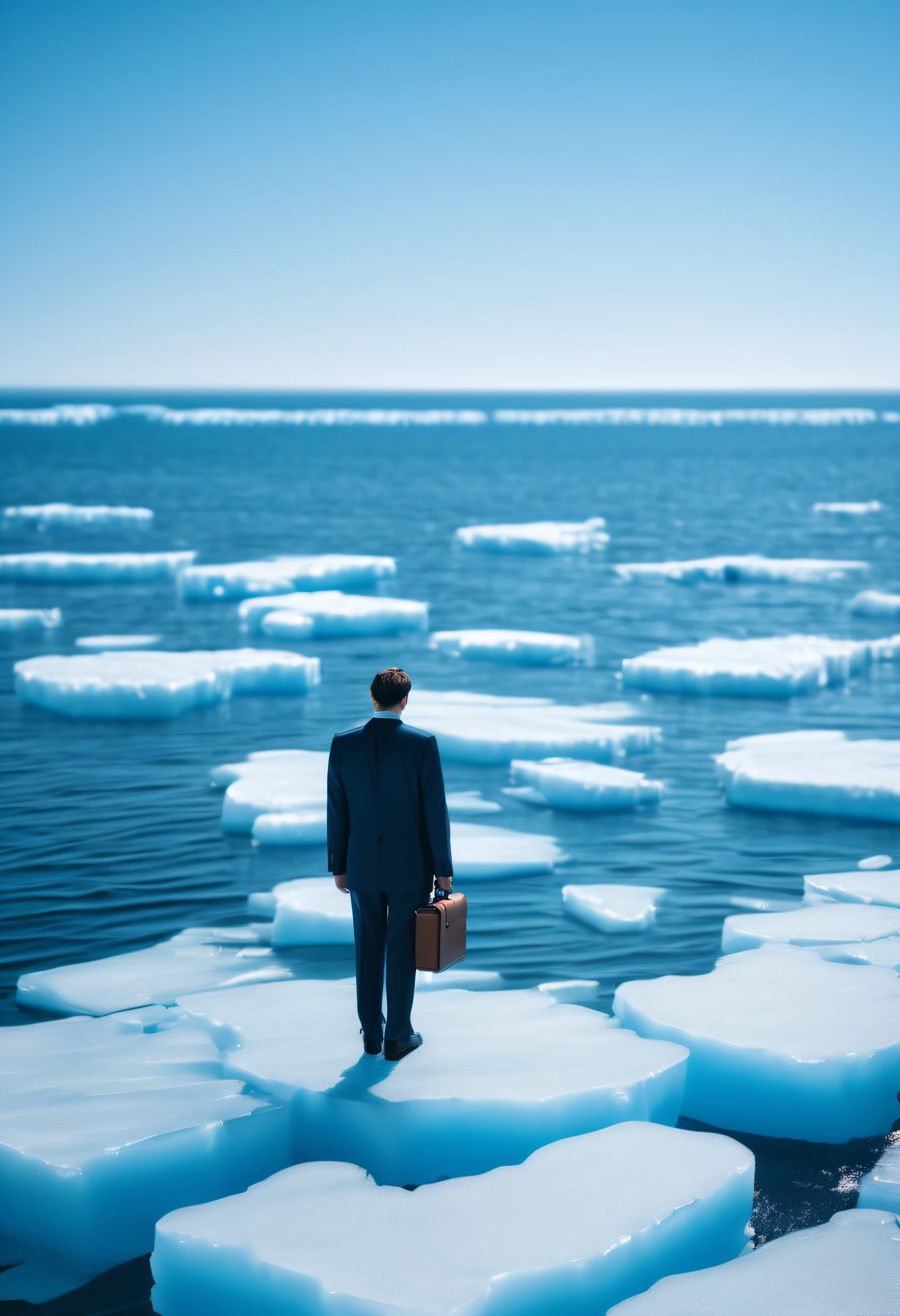 a sad business man in a not perfectly fitting suit and a briefcase in his hand stands hunched and depressed on a single ice floe in the middle of a vast sea, it is a bright blue sky and the scenery seems unreal and surreal but still real, photography, 24mm, leica, anamorphic