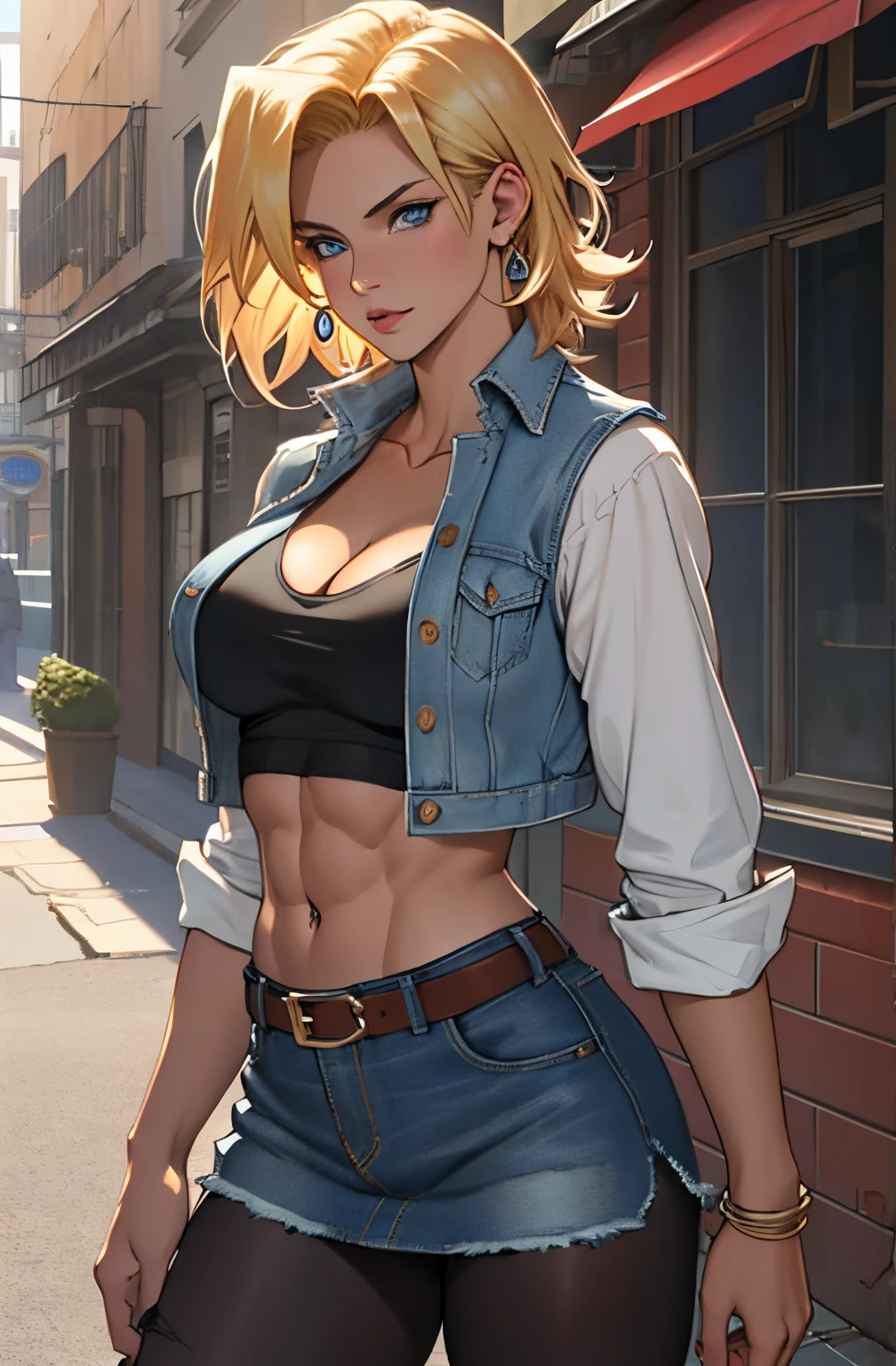 unparalleled masterpiece, ultra realistic 8k CG, perfect artwork, (1girl:1.1) , solo, ((perfect female figure)), (nsfw), looking at viewer, mature female, bimbo (android 18) standing, (teasing), best quality:1.1 , seductive posture, sexy pose, alluring, (beautiful), (curvy), (thick), blonde hair, (blue eyes:1.2), short hair, earrings, jewelry, denim vest, open vest, black pantyhose, black shirt, denim skirt, striped long sleeves, blue skirt, toned legs, fit, (abs:1.1), peach ass, (athletic body:1.2), (large breasts:1.3), (big_breasts:1.1), wide_hips:1.5, narrow waist, small waist:1.5, slender body:1.2, thick thighs:1.3), (shiny skin:1.2), (hdr), (street:1.2), Nikon D850 film stock photograph Kodak Portra 400 camera f1.6 lens, rich colors, lifelike texture, dramatic lighting, unreal engine, trending on ArtStation, by Gerald Brom, by Frank Frazetta, by Luis Royo, by Julie Bell, by Boris Vallejo, front view perspective, facing viewer