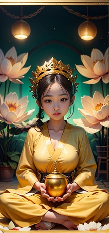 1girl in、top-quality、​masterpiece、超A high resolution、(Photorealsitic:1.4)、Raw photo、Deities々Goddess Sibit、（Face of 15 year old beautiful girl）、Straight long hair、glowy skin、Dramatic、（Golden See-Through Competition Swimwear）、（Golden transparent fluttering robe）、（Golden Buddha Statue）、（Golden Guanyin Bodhisattva Statue）、（（Golden Very Small Tiara））、（Pray）（Standing whole body）、（（delicate finger、Delicate hand））、（delicate paws）、（large full breasts、Clean raised bust）、（Rocket Tits）、（（Golden garter stockings））、（（Golden Ancient Greek Temple））（Golden wall decorated with gold）、（Blur the background）、（One boob is visible、large areola is visible、 to stand）、（Woman Praying）、（Pray with Your Hands Together）、Full body、standingn、Pray with Your Hands Together、delicated face、Delicate hand、delicate paws、Anatomy Body、goddes、