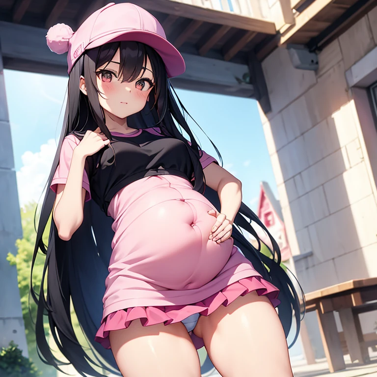 The woman has long black hair down to her waist, wears a cute pink hat, wears pink casual clothes and wears a fairly small skirt with white socks covering her legs up to her thighs. Pregnant is covered by the clothes she wears.
