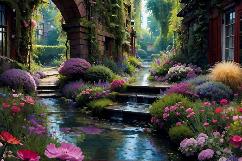 masterpiece,(best quality:1.3),
fantasy_world,Garden,Running water, birds around, plants.