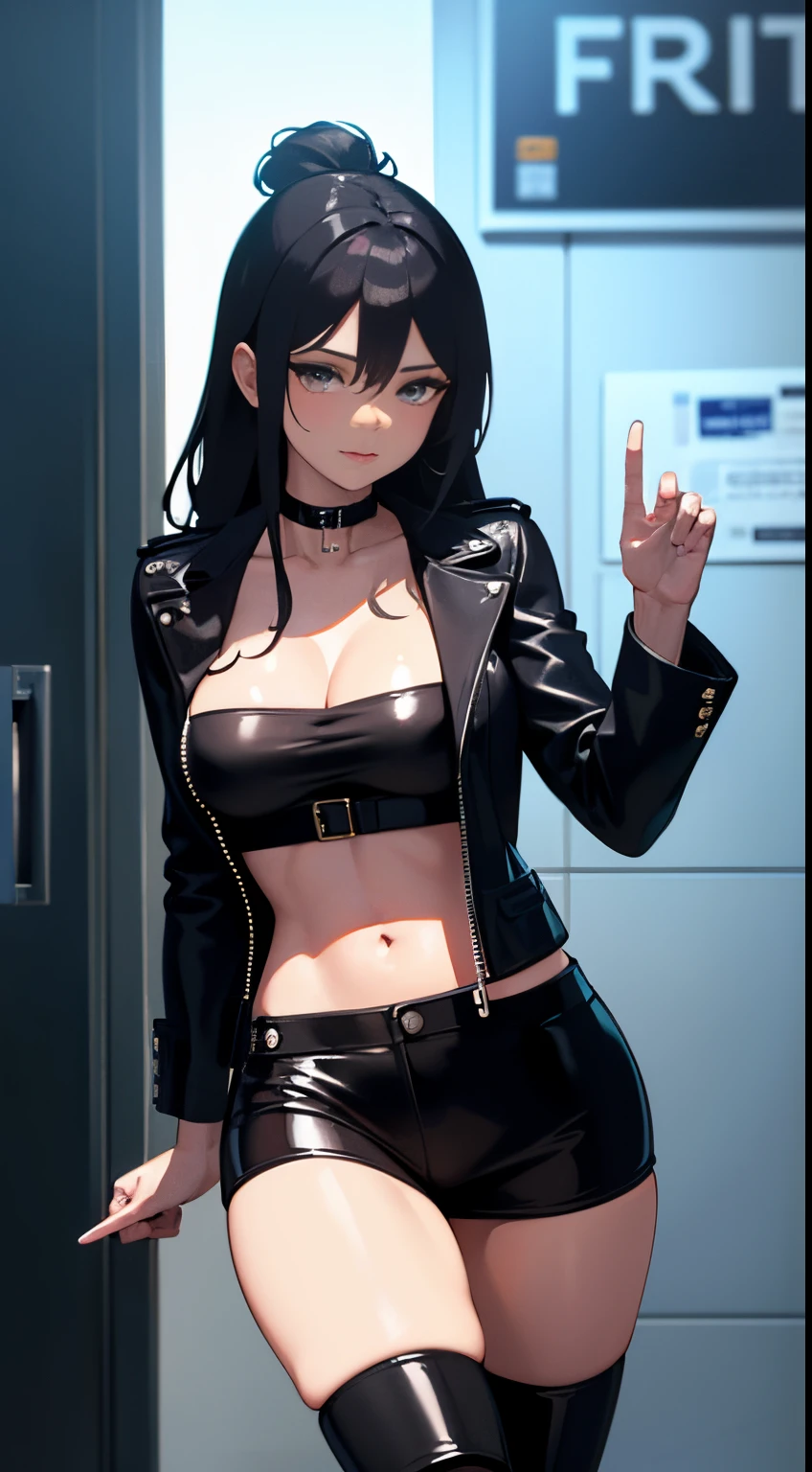 anime - style image of a woman in a black leather jacket and shorts, seductive anime girl, photorealistic anime girl render, realistic anime 3 d style, smooth anime cg art, attractive anime girl, 3 d anime realistic, hyperrealistic schoolgirl, detailed digital anime art, digital anime art, beautiful alluring anime woman, realistic anime artstyle, photorealistic anime, medium shot, nude, large breast, voluptuous
