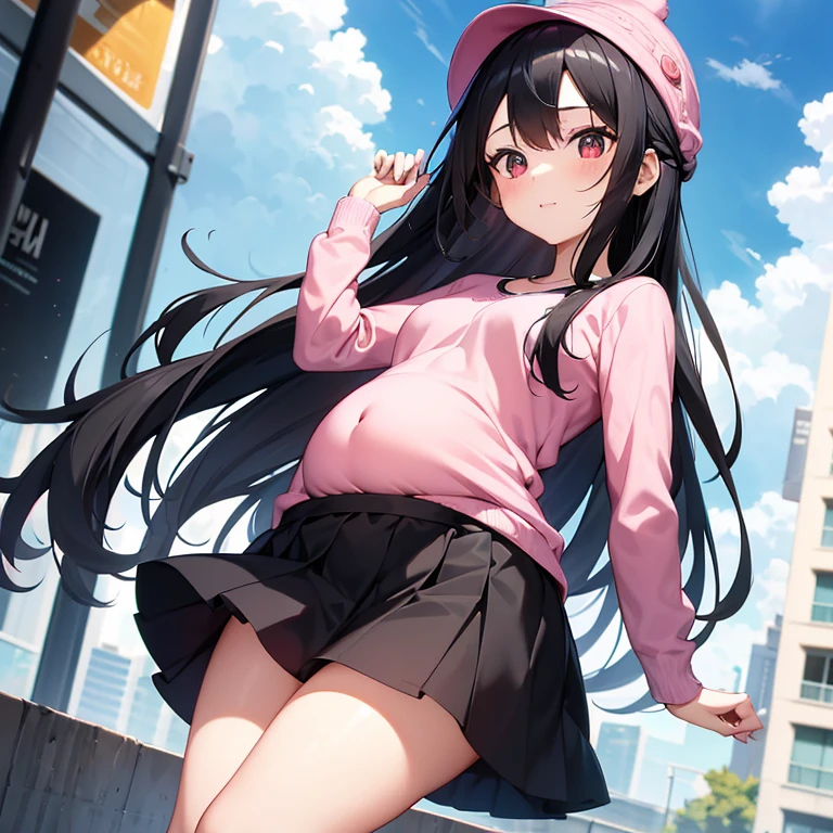 The woman has long black hair down to her waist, wears a cute pink hat, wears pink casual clothes and wears a fairly small skirt with white socks covering her legs up to her thighs. Pregnant is covered by the clothes she wears.
