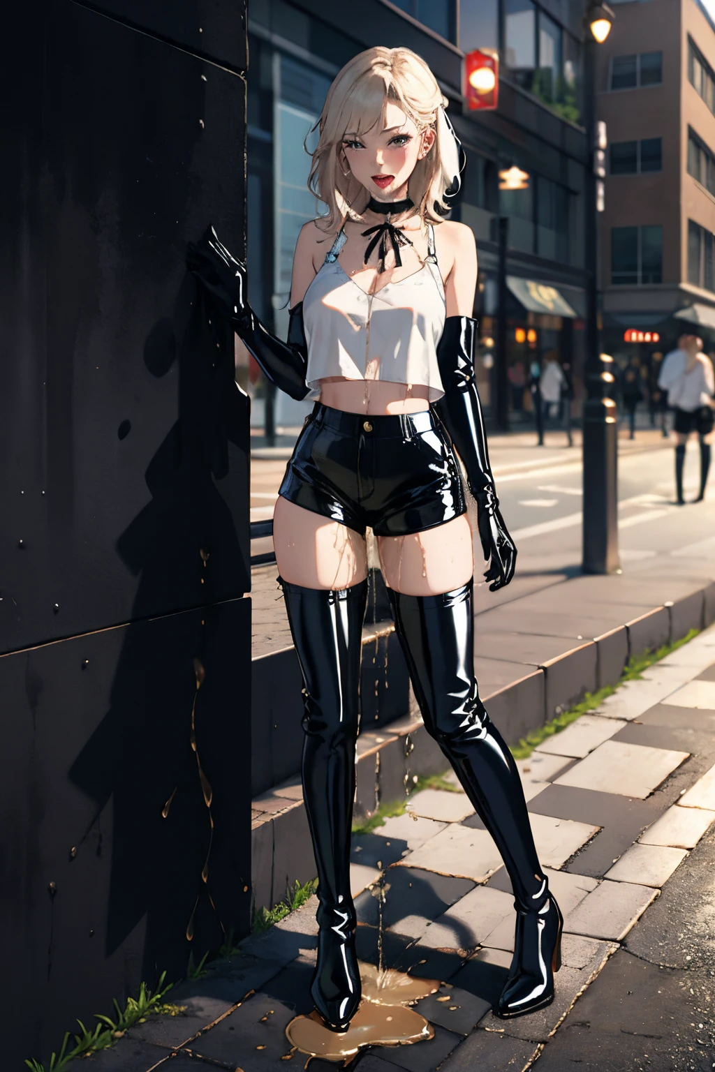 highres, beautiful women, high detail, lewd, hentai, ((black latex shorts)), ((black latex thigh high boots)), black latex top, bare midriff, (bare thighs), (black latex gloves), leather choker, ((wetting herself)), ((peeing herself)), thick thighs, nice long legs, lipstick, detailed face, pretty face, seductive face, sexually aroused, sexually excited, ((in public city sidewalk))