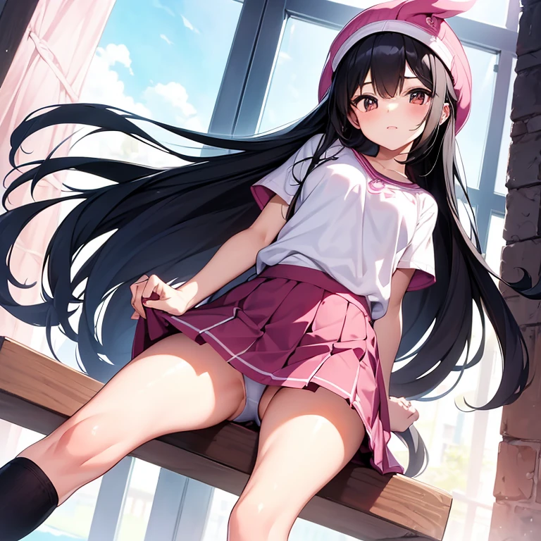 The woman has long black hair down to her waist, wears a cute pink hat, wears pink casual clothes and wears a fairly small skirt with white socks covering her legs up to her thighs.