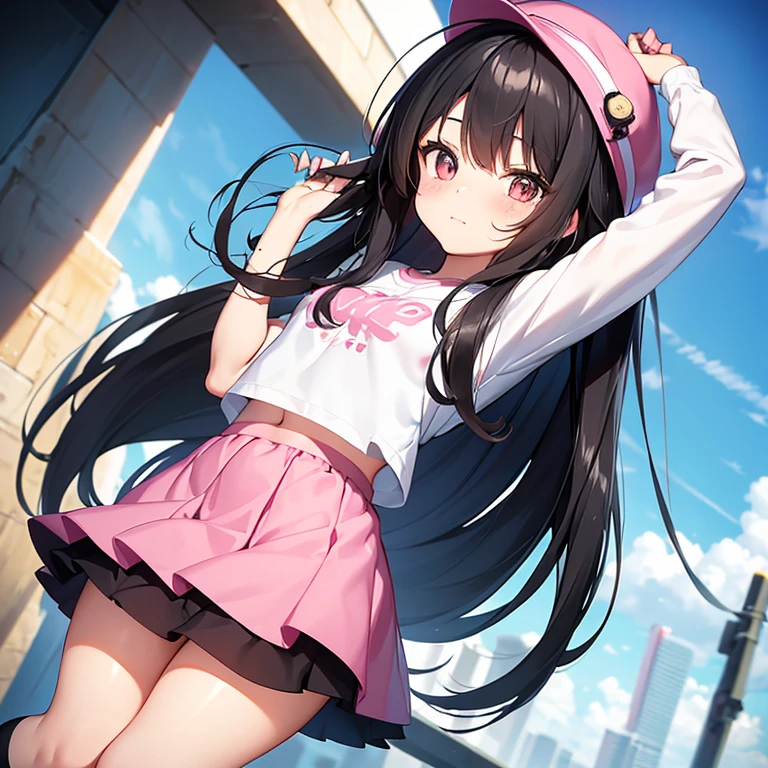 The woman has long black hair down to her waist, wears a cute pink hat, wears pink casual clothes and wears a fairly small skirt with white socks covering her legs up to her thighs.