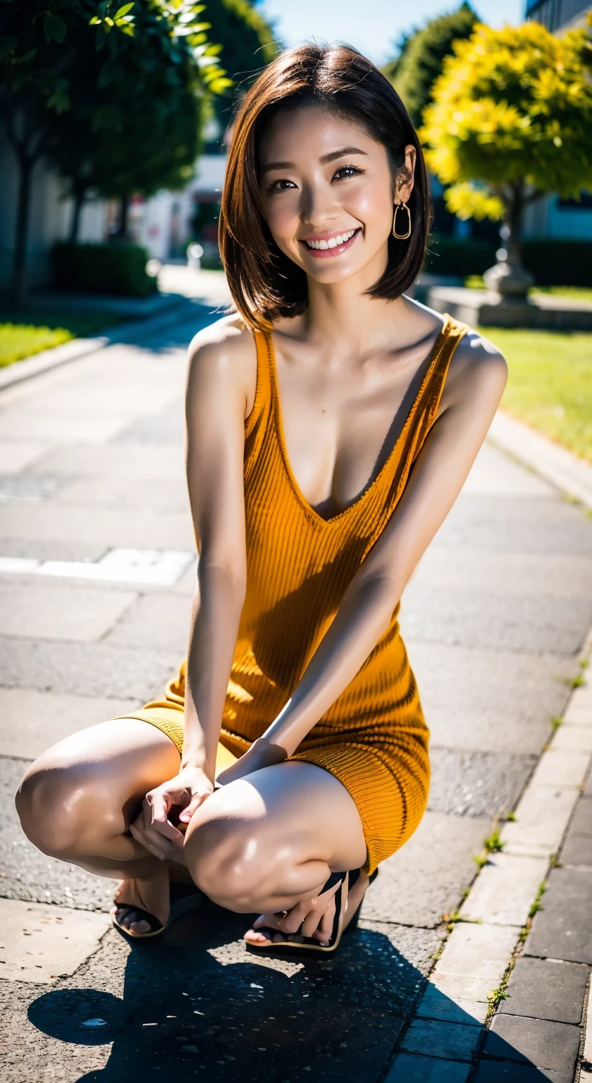,City park in the evening、On asphalt、32K、Top image quality、Ochre sleeveless knit dress、no-bra、no-Panties、The body line is clear、Happy smile、(Bob Hair)、extremely flat chest、No valley、slender physique、small tits:1.5、stature: 155cm,Extraordinary beauty、Beautiful face、Low Heels、Bracelet in right hand、Japanese bautiful actoress,age 30s,