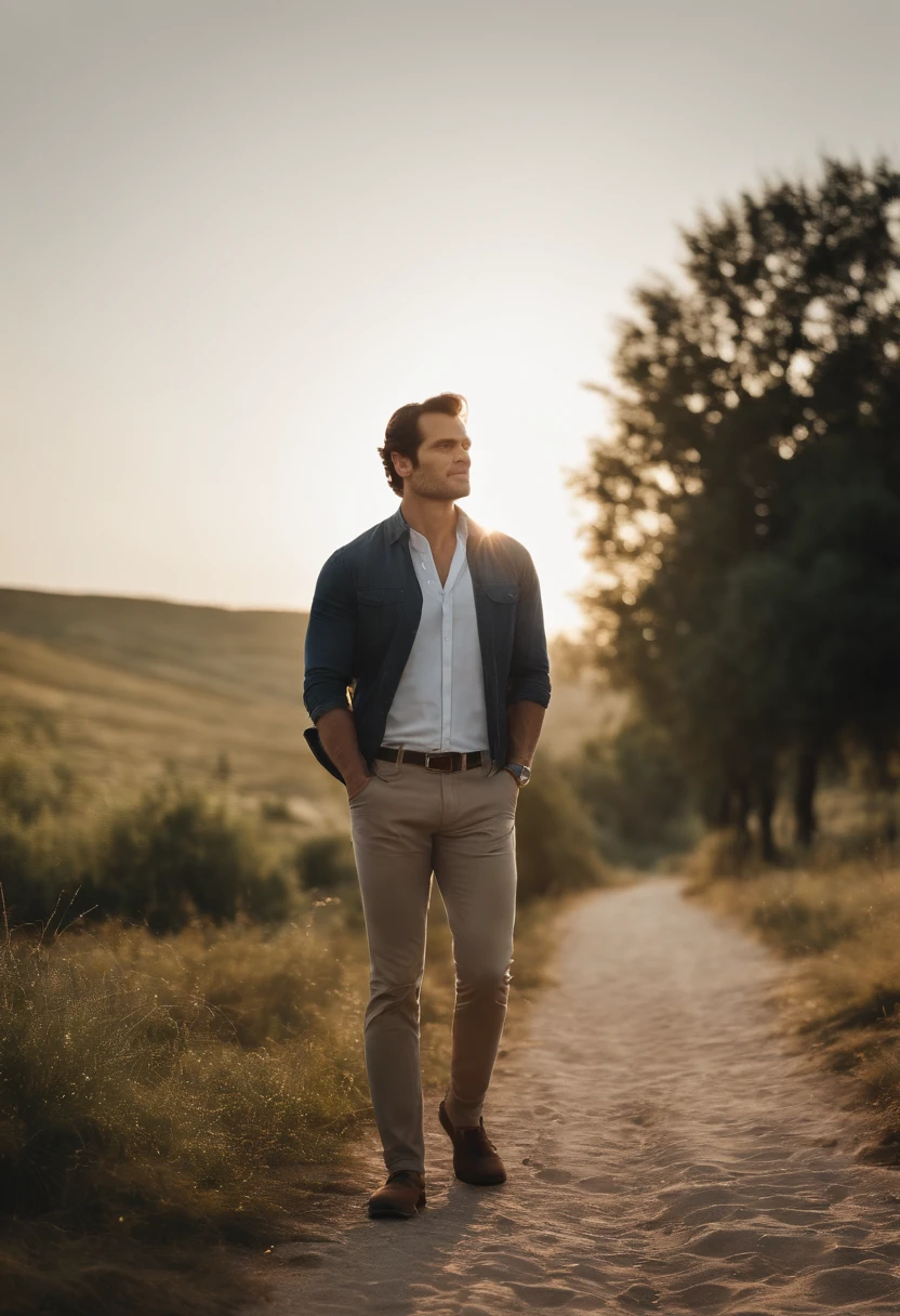 standing looking at the sun is a man with short black hair, extremely detailed, handsome, with a strong and confident face, very clear, reminiscent of Henry Cavill, aged 60, wearing simple clothes, shirt and pants, peace and harmony, best 4k image quality (((fundo branco)))