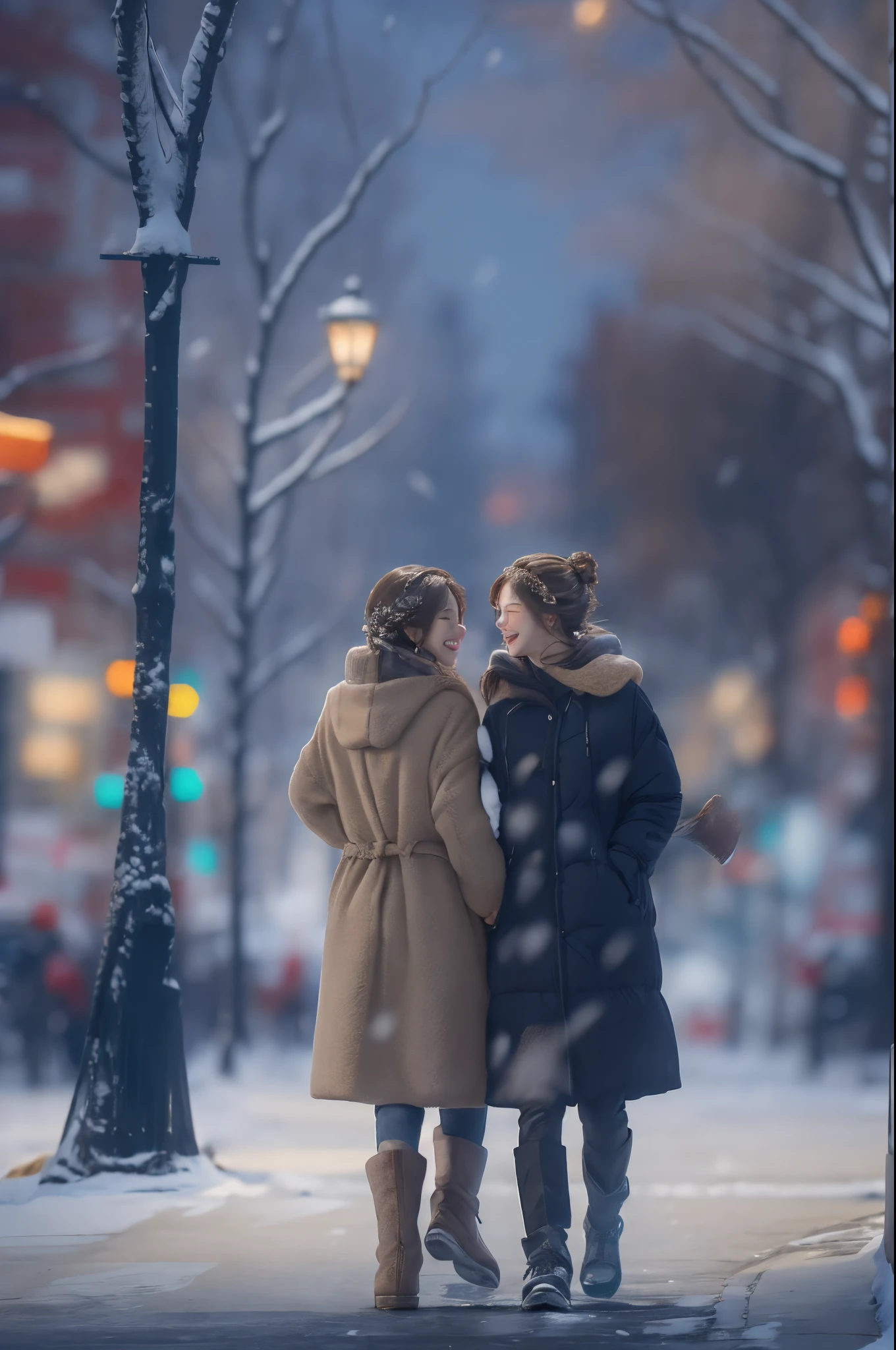 ((top-quality、8K、masterpiece:1.3))、foco nítido:1.2、(realisitic、Photorealsitic:1.37、In the winter cold that covers the city, Two women walking hand in hand, smiling at each other. looks like you'I'm glad I was able to overcome the cold wind., Enjoy the city. The city, decorated with illuminations, Creates an enchanting atmosphere in harmony with your smile.Same-sex couples、both women、same-sex marriage、brunette disheveled hair:1.3、a picture、Live action、We love each other