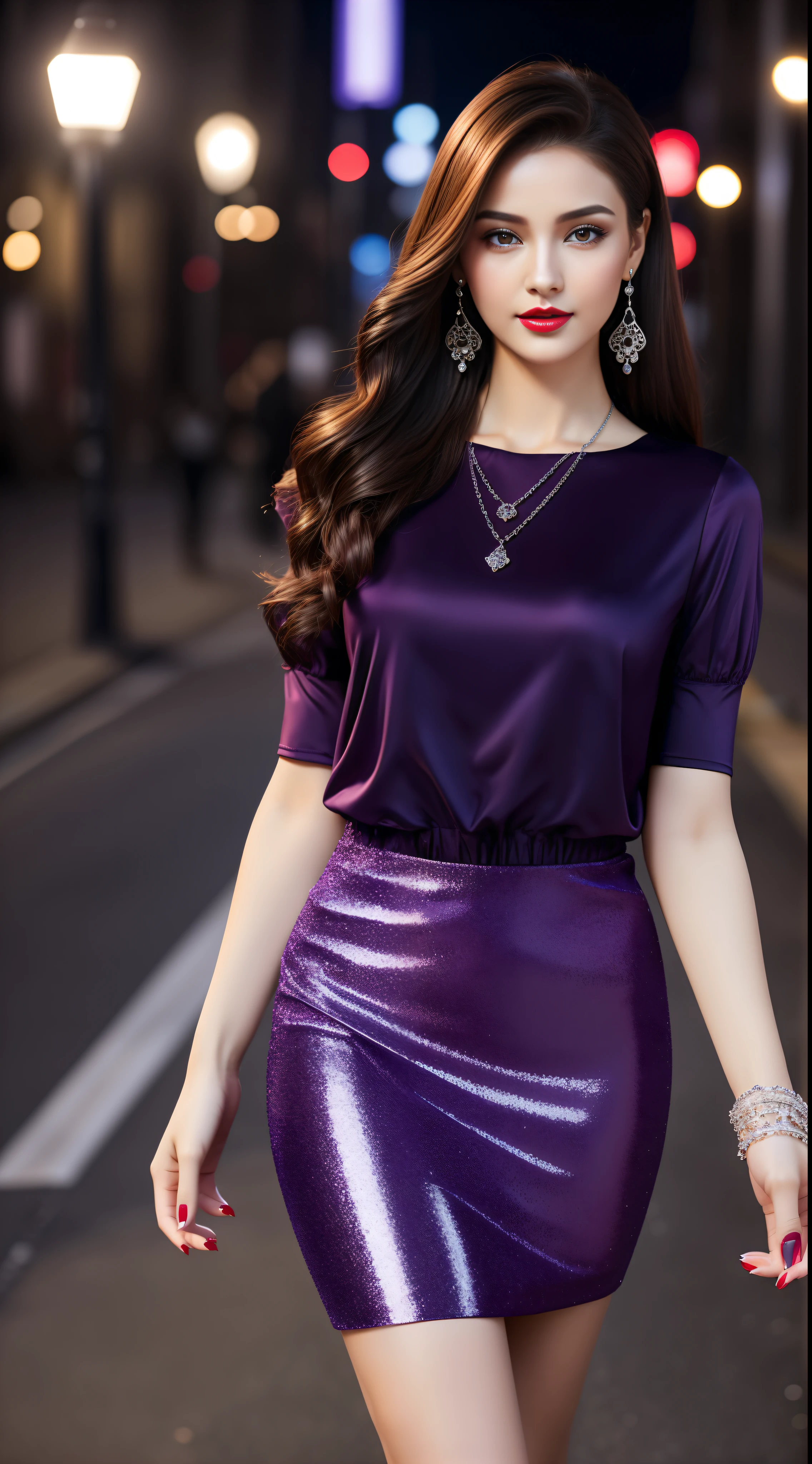 ((a beautiful "short height girl" full-body view in 9:16 ratio)), wearing a EMBELLISHED skirt dress, purple t-shirt with puffed sleeves, depth of field, night photography, professional photography, high contrast, long brunette hair, silver love pendant necklace, ((red lips)), she looks very elegant and charmingly beautiful with a little sexiness, lovely, ((ultra realistic)), natural facial expression, soft and natural make up, purple elegant earrings, ((red long nails)),  in a street , looks to the camera, high heels,.