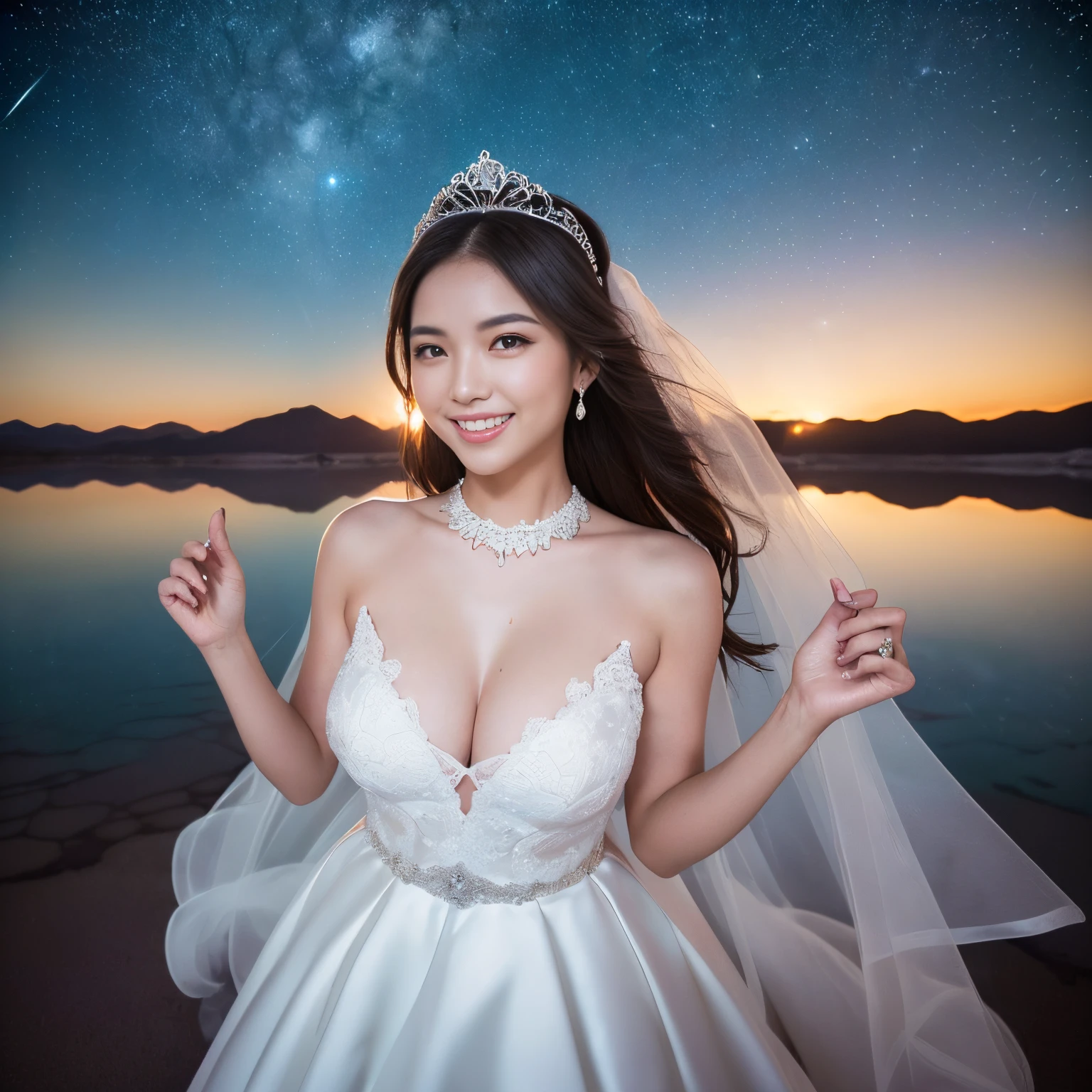 ((top-quality、masutepiece、8K、Top image quality、SFW))、(perfect bride upper body photo:1.5)、(((spanish bride、1 bride、huge and luxurious wedding dress、Giant Tiara、Wedding bouquet、big wedding lace、beautiful wedding lace、perfect bride)))、(Salar de Uyuni, a perfect reflection of the starry sky:1.5)、(Salar de Uyuni, perfect reflection of the starry sky:1.5)、(Perfect shiny water surface of Salar de Uyuni:1.5)、((natta、sky at night、starrysky、shooting stars、Beautiful starry sky、night starly sky、Fantastic starry sky、Sparkling starry sky、Beautiful woman standing on the starry sky and Salar de Uyuni、perfect salt flats of uyuni、Perfect authentic Uyuni salt flats))、(cowboy  shot、the best smile when you look at me、large full breasts、perfect anatomia、Perfect fingers、perfect hand