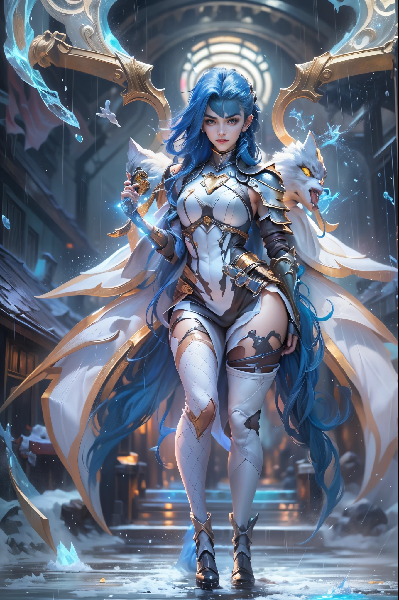 jinxlol, (full bodyesbian, Legs and shoes are visible: 1.2)), jinx \(league of legends\), (1girl、League of Legends Jinx), ((Very long double ponytail, dark-blue hair,)) Kungfu, ((Wearing golden futuristic technology titanium alloy armor: 1.5,head to toe,Crystal heels,standing on your feet)),(Handheld particle laser cannon,Revolver in hand),((Battle Angel White ta Armor)), mouth open smile, Cute pose, striped lace stockings, (Heart shaped leg garters), (White mechanical armor plastic shoes: 1.2), ((Super detailed clothing and fashion)) , ((looking at you)), Aoshu crystal,Attack status,(Snowy mountain woods,surrounded by rain,League of Legends Game World),Illustration style,The whole body is exposed to the rain for a long time,(exquisite facial features,Perfect hand features),martial arts style,(selective focus,full body shot of,tmasterpiece,ultra - detailed,Epic work,highest quality,8k、in a panoramic view、first person perspective、Atmospheric perspective、UHD、tmasterpiece、acurate、anatomy correct、textureskin、high detal、Award-Awarded、best qualtiy)、gaming character、jinxlol