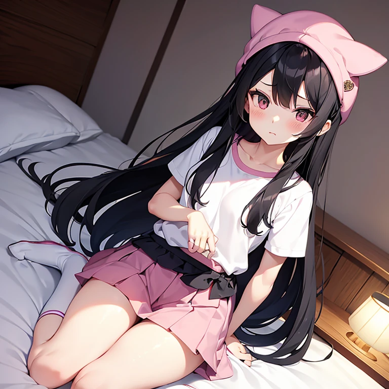 The woman had long black hair down to her waist, wore a cute pink hat, wore pink casual clothes and wore a fairly small skirt with white socks covering her legs up to her thighs, with an expression as if she had just woken up and was in her room.