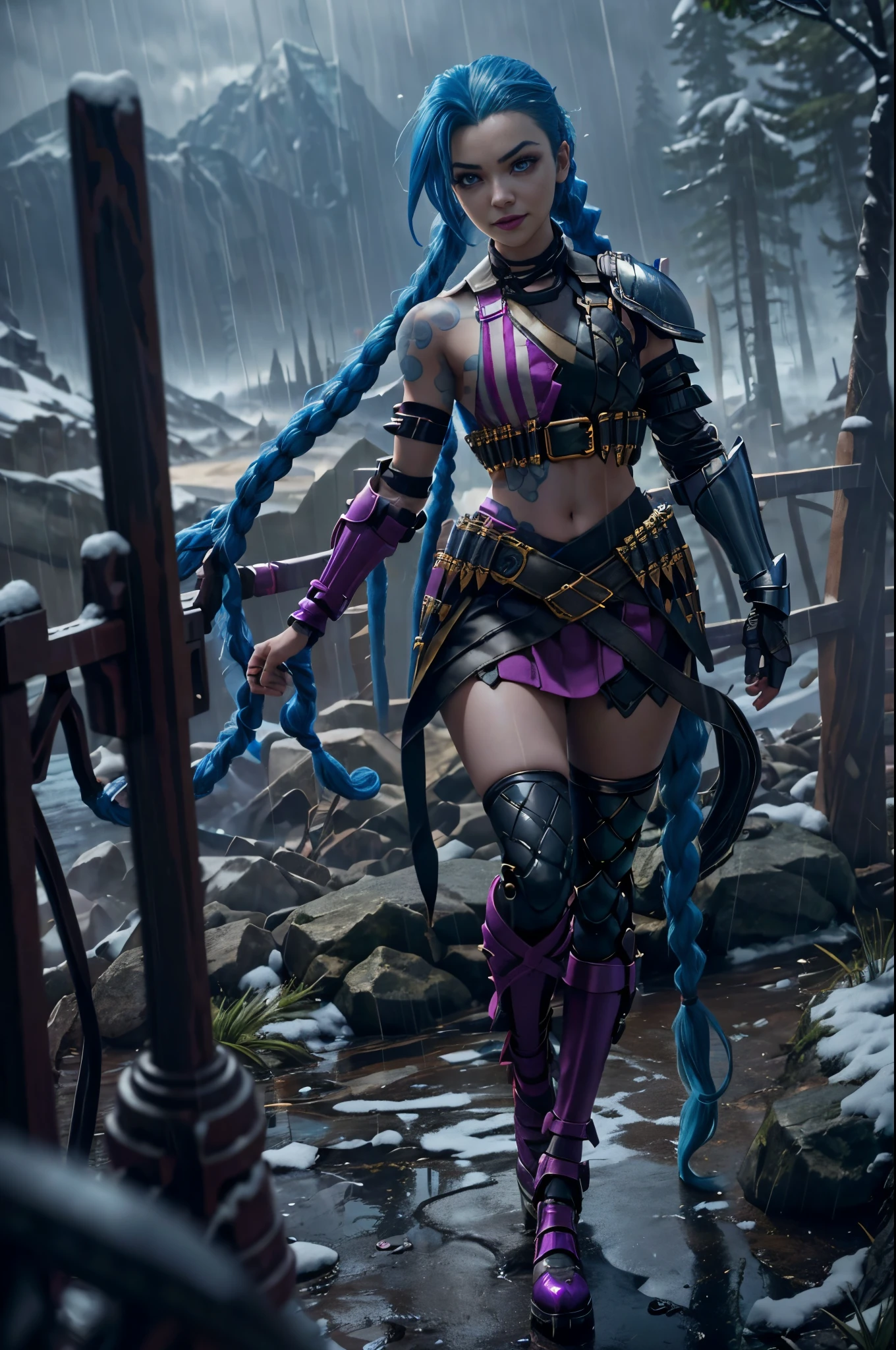 jinxlol, (full bodyesbian, Legs and shoes are visible: 1.2)), jinx \(league of legends\), (1girl、League of Legends Jinx), ((Very long double ponytail, dark-blue hair,)) Kungfu, ((Wearing golden futuristic technology titanium alloy armor: 1.5，head to toe，Crystal heels，standing on your feet))，(Handheld particle laser cannon，Revolver in hand)，((Battle Angel White ****ta Armor)), mouth open smile, Cute pose, striped lace stockings, (Heart shaped leg garters), (White mechanical armor plastic shoes: 1.2), ((Super detailed clothing and fashion)) , ((looking at you)), Aoshu crystal，Attack status，(Snowy mountain woods，surrounded by rain，League of Legends Game World)，Illustration style，The whole body is exposed to the rain for a long time，(exquisite facial features，Perfect hand features)，martial arts style，(selective focus，full body shot of，tmasterpiece，ultra - detailed，Epic work，highest  quality，8k、in a panoramic view、first person perspective、Atmospheric perspective、UHD、tmasterpiece、acurate、anatomy correct、textureskin、high detal、Award-Awarded、best qualtiy)、gaming character、jinxlol