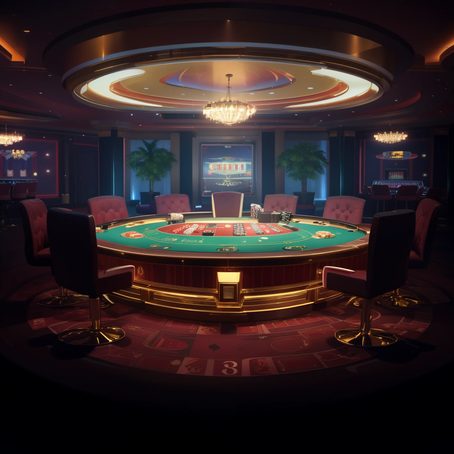 There is a casino table，There are casino chips on it, indoor casino, casino, Casino of the future, rendered in cgi, finalrender, game render, Octagon render 8k, 8k CG rendering, 2 0 4 0 Game Room, rendered in rtx, finalrender, rendered in unrealengine, inside a casino, poggers, high quality 3d render