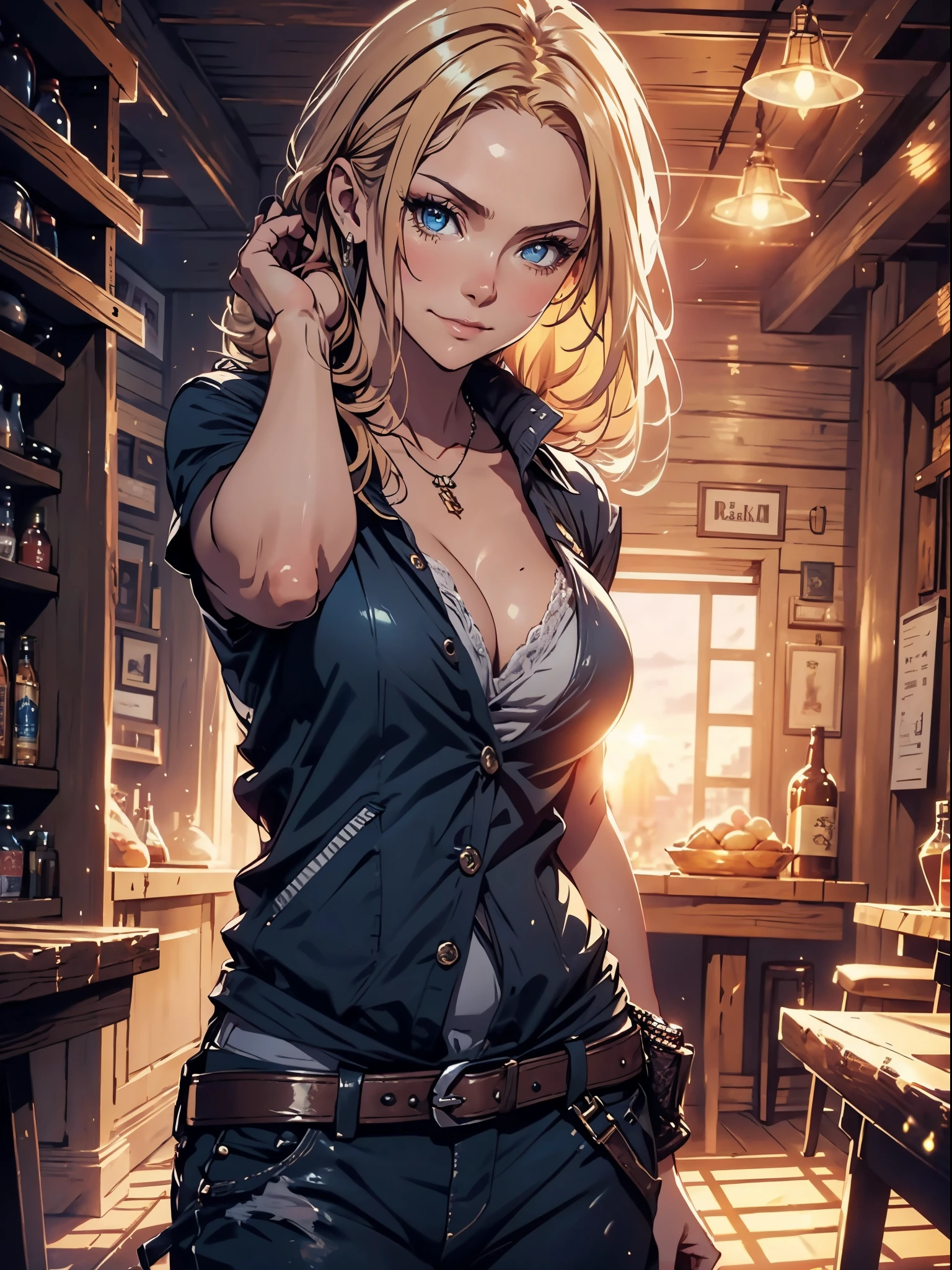 (​masterpiece), (top-quality), sunset, natural lights, ,(realistic:1.5), Stunningly beautiful viking girl as a swashbuckler in Dungeons and Dragons, drinking beer in a medieval tavern, natural lights, unbuttoned silk shirt, leather_vest , gamberson, necklace,(bright shot:1.1),masterpiece that captures the essence and beauty of the woman, ((cleavage)), cleavage, sexy, sensual, dark blue eyes, smiling, sexy pose, athletic, looking at viewer, eye contact, sunset, detailed medieval tavern in background, dynamic pose, action pose,alluring, seductive_pose, natural lights, cleavage, athletic body, medium breasts, upper body, mid shot, masterpiece, detailed, mature, bright colors, high saturation, stunningly beautiful girl, precise hands, determined expression, serious, courageous, brave, Clear eyes, Shining eyes,, ultra-definition, Top resolution,  soft lightning