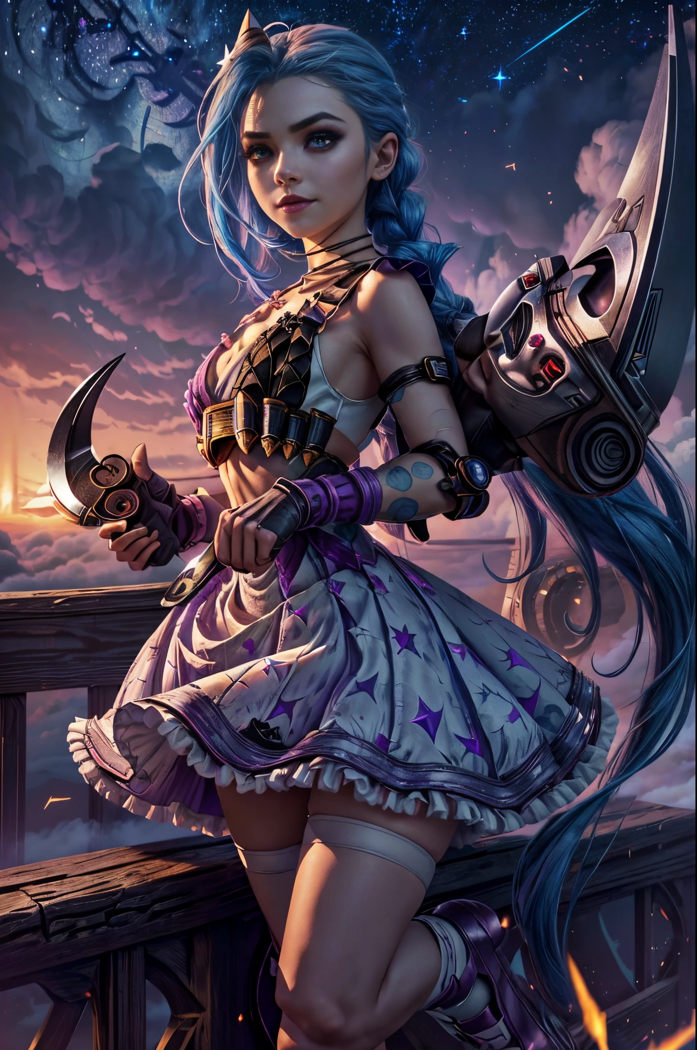 jinxlol, (full bodyesbian, Legs and shoes are visible: 1.2)), Expressive eyes, 1girl, pale-skinned, long whitr hair, The wind blows hair, ((Ridiculously long hair)), Long side lock, hime bangs, Hairline, hair-bun, ((Very long double ponytail, dark-blue hair,)), Be red in the face, His face was flushed, big shiny lavender eyes, (Gradient eyes), mouth open smile, Cute pose, ((With a revolver: 1.5)) , ((Lovely soft fashion)) , Flowing soft white dress, ((Fantasy white open dress)), (Floating ribbons), lavender ruffles, White frills, (Light blue lace), detached short sleeves, Puffy skirt, ((White star print skirt : 1.3)), ((White Lolita dress)), Purple bow, ((Pompom ribbon hair ornament : 1.4)), striped lace stockings, (Heart shaped leg garters), (White mechanical armor plastic shoes: 1.2), ((Super detailed clothing and fashion)) , ((looking at you)), League of legends game girl, Be red in the face, (美丽细致的眼睛), (extremely detaild的 CG unified 8k wallpapers), ((Extremely Delicately Beautiful)), (detailedlight), ((depth of fields)) big headed, sparkling big eyes, sprout, Splash ink art, 电影灯光, Frontal view, Volumetriclighting, Maxism, photoillustration, 8k, A high resolution, intricately details, complex critical vision, Precise linearity, ((Against the background of a dreamy soft sky, Surrounded by starry clouds, meteors, castle in the clouds)), ((Ultra detailed scenery, Fog clouds, inner strength : 1.3)), jinx \(league of legends\), ((The picture is very bright,bright,high saturated))