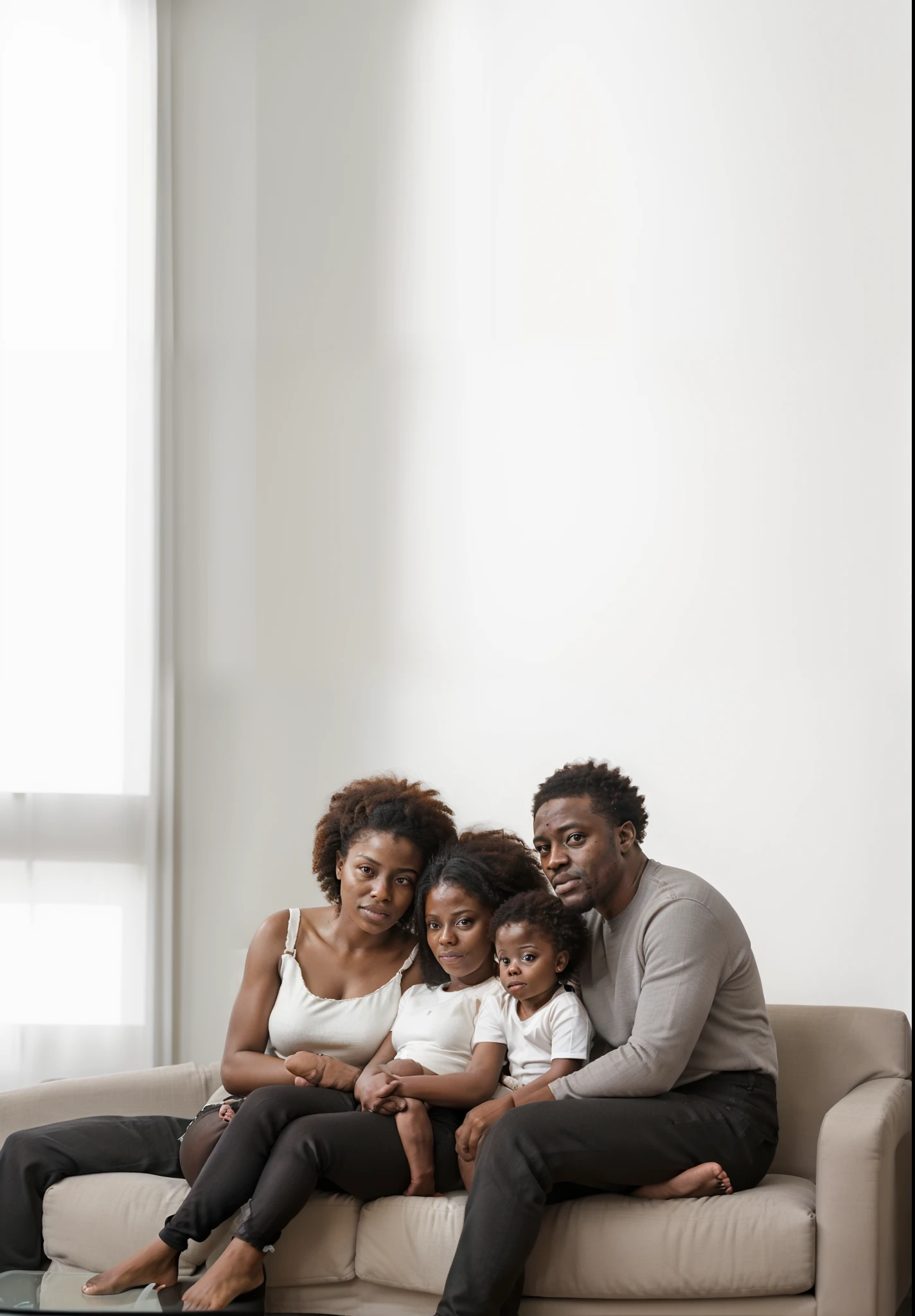 There is a mother, uma filha, a baby and a father, todos com a pele escura, pele preta, afro descendentes, sitting on a sofa in a huge, well-lit room with minimalist decor and plain walls, the family is happy and united in fraternization.