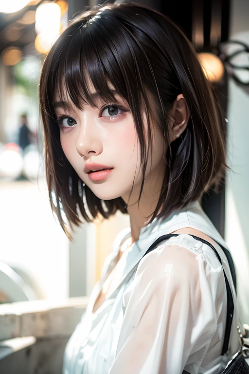 A dark-haired、Shorthair、White clothes、White wall interior
