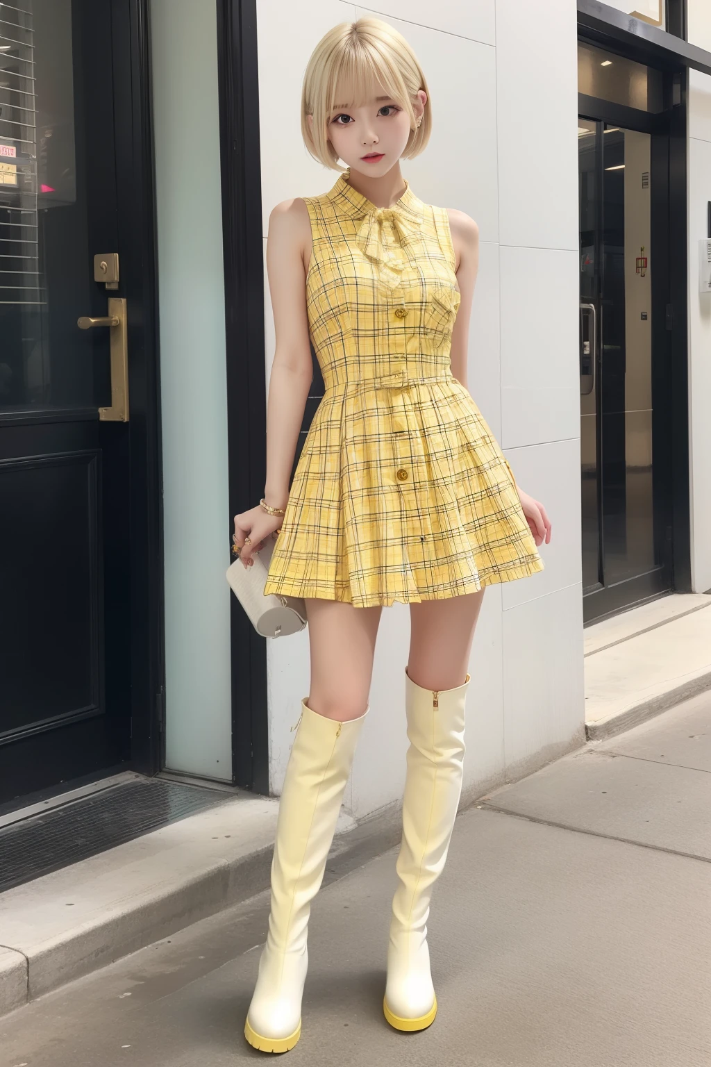 female idol、full body Esbian、white and yellow checkered mini dress(tight lines)、Blonde Shorthair、、White long boots