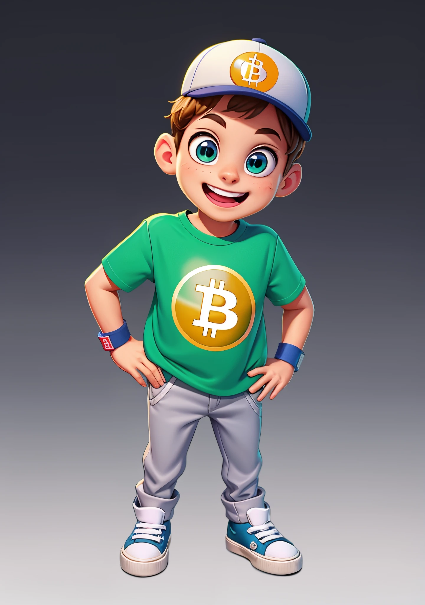 European and American cartoons, game characters, original designs, 1boy, male focus, hat, shirt, brown hair, smile, shoes, full body, wristband, open mouth, green shirt, pants, looking at viewer, standing, blue eyes, gradient background, grey background, child, sneakers, gradient, t-shirt, male child, baseball cap, short sleeves, simple background, fat,(Bitcoin logo on t-shirt), teeth, realistic