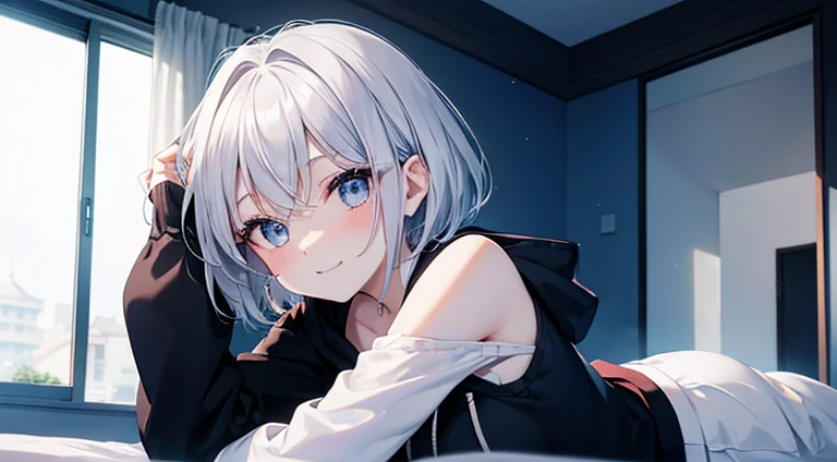mid-shot, Look at viewers, hands behind back, girl with, 20 years old, Very short hair, long bangs between eyes, hair over shoulder, Grey Hair, Floating hair, ^ ^, pale blue eyes, Short dress, Hoodie, Skirt, Bare shoulder, White clothes, Blue sky, Nature, Sunlight, Extremely detailed,(masterpiece、top-quality)、独奏、1womanl、White hair、the tips of the hair are blue、Black eyes、A smile、White skin as clear as snow、Fantastical,Small breasts, Silver hair, , Beautiful eyes, Girl, Ecstasy, charmed, be smitten with audience, Hoodie, Hoodie with open front, Naked Hoodie, Shoulder out,Black pants, on the beds,inside in room,laying on back , Sunlight