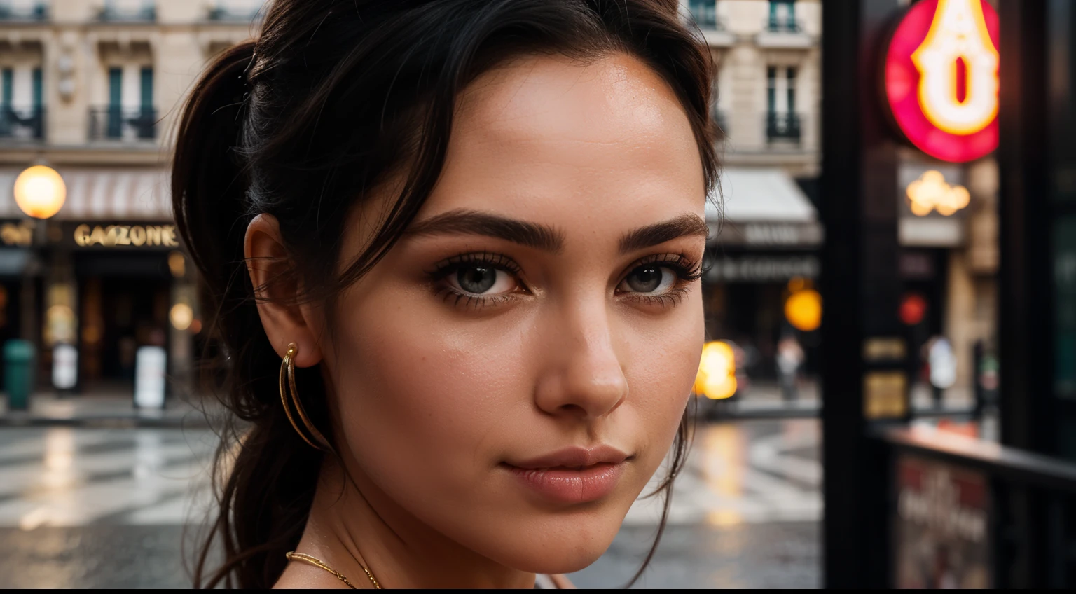 A close-up portrait of a stunning woman resembling the actress Gal Gadot, her features highlighted by the soft light filtering through the rainy day outside. She wears a simple, yet chic red evening dress, which clings to her body, revealing her toned arms and shoulders. Her black hair, are styled in a long ponytail, with a few hair strands hanging limply around her face, accentuating her piercing brown eyes. In the background, The entrance of the Moulin Rouge in Paris at the time of the evening entrance of the show. She gazes pensively into the distance, her lips slightly parted, revealing her slightly chapped pink lips., close-up shot, cool-toned sterile colors, silhouette, front view